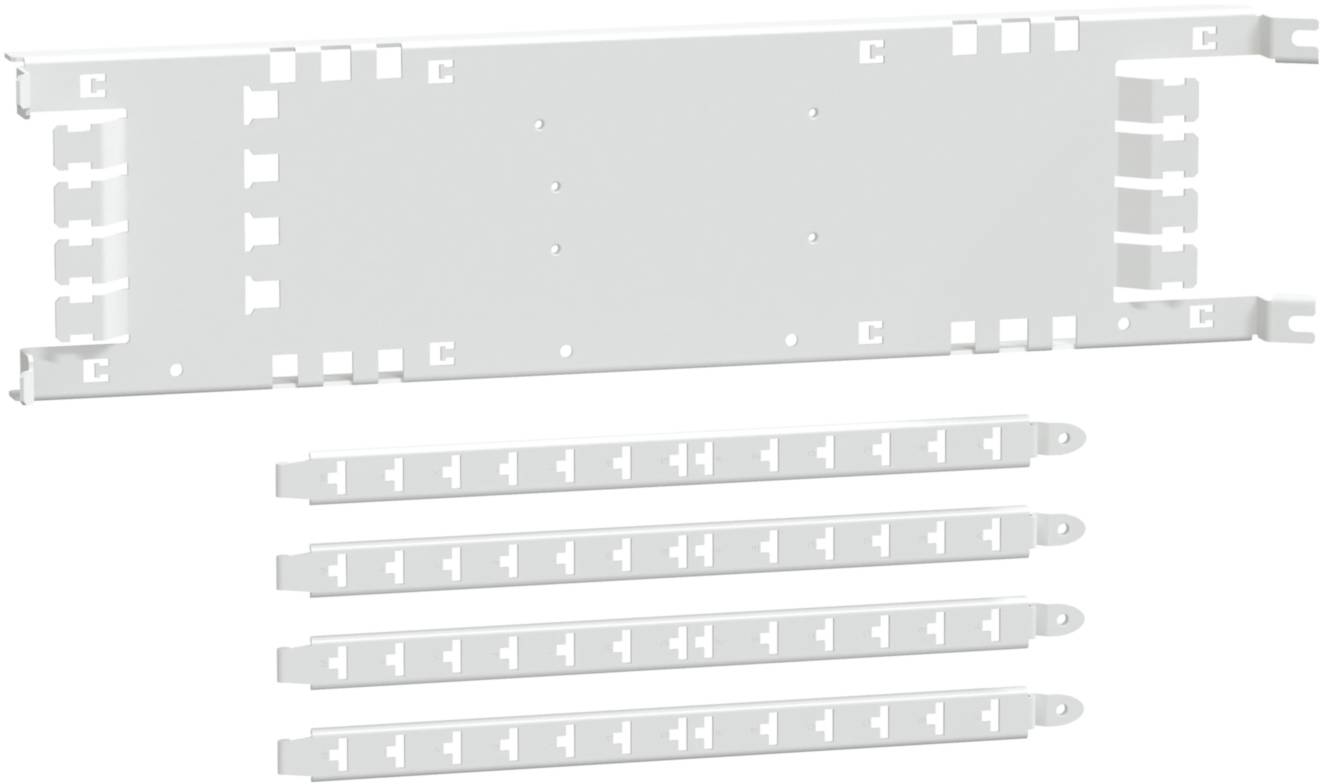 Pièce de montage rectangulaire blanche avec plusieurs fentes et trous, accompagnée de quatre bandes étroites présentant des fentes similaires.