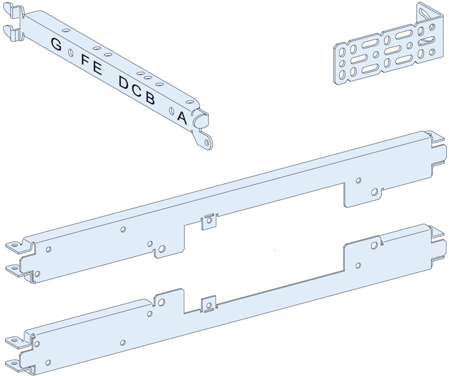 Pièces métalliques en vue éclatée ; rail supérieur marqué avec des lettres de G à A ; trois pièces séparées montrant les positions de montage.