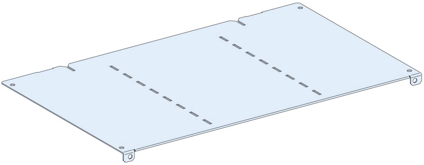 Une plaque métallique rectangulaire bleu clair avec deux lignes rentrantes et quatre trous de fixation aux coins, utilisée comme composant technique.