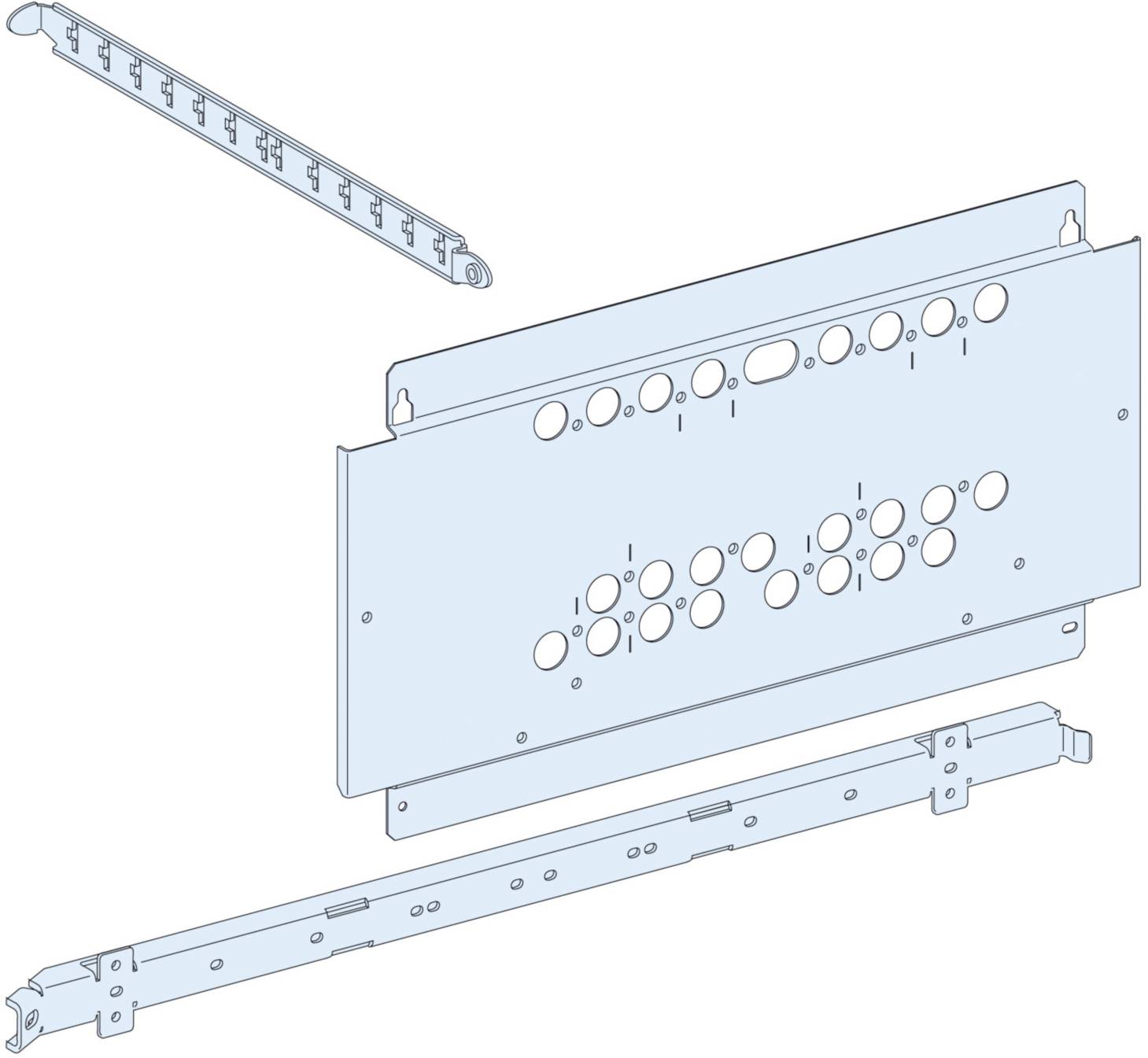 Un diagramme technique présente les pièces individuelles d'un support ou d'un dispositif de fixation avec plusieurs trous et points de fixation.