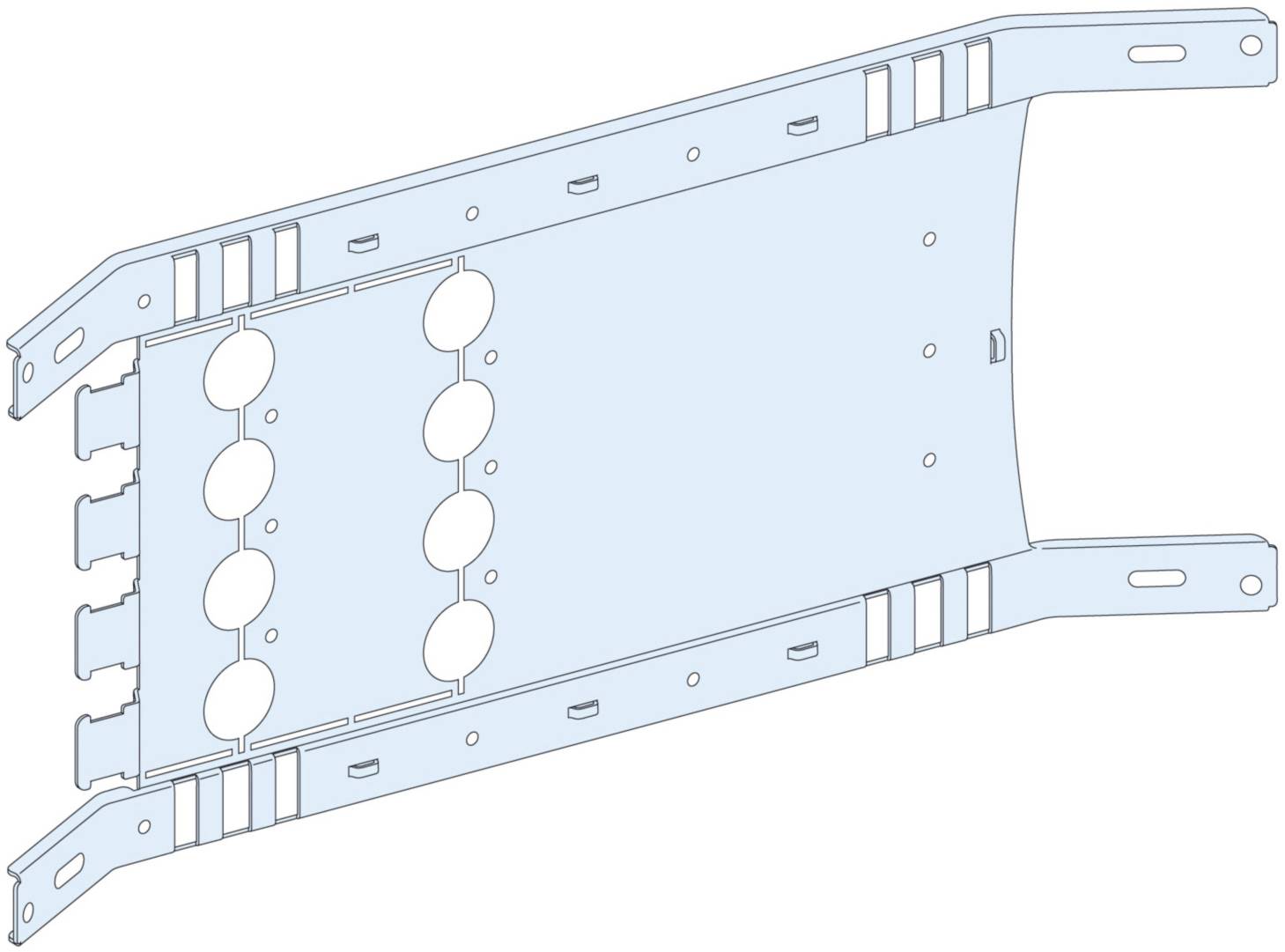 Dessin de construction métallique, montrant un support ou un cadre avec six découpes circulaires et des trous de fixation sur les côtés.