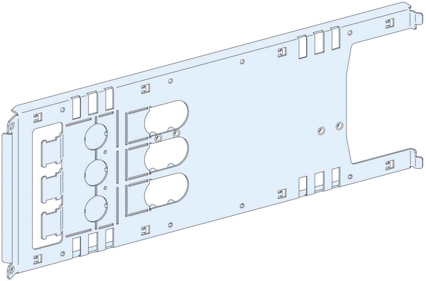 Plan d'un cadre métallique rectangulaire avec plusieurs découpes circulaires et rectangulaires. Dimensions techniques non indiquées.