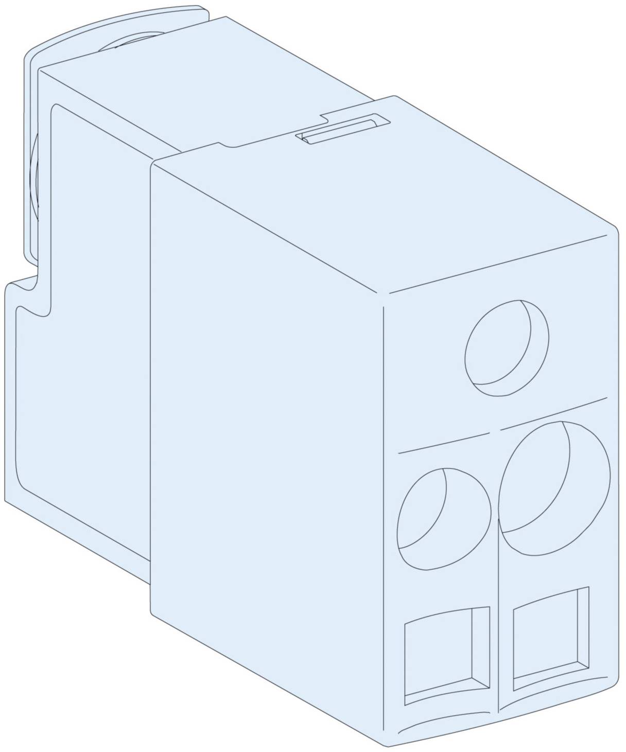 Dessin d'un module de connexion électrique avec des angles arrondis et plusieurs connexions enfichables sur la face avant.