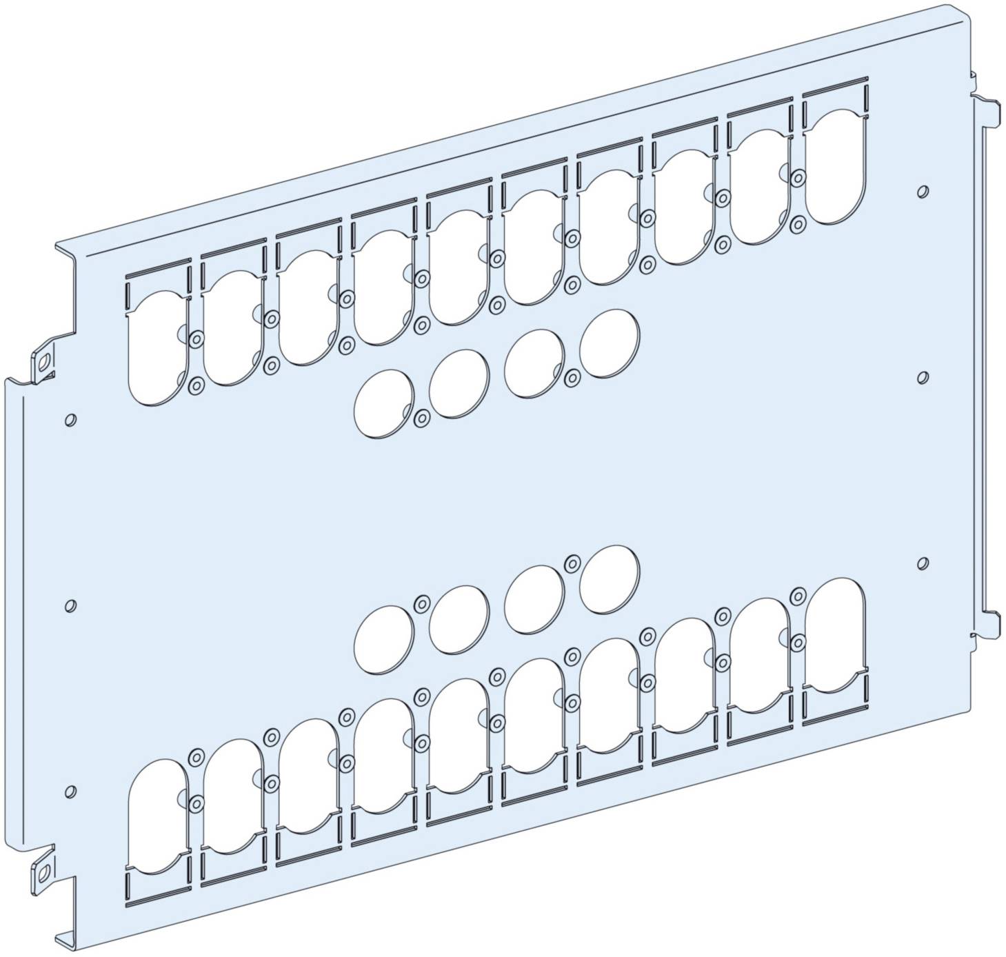 'Dessin technique d'une plaque métallique bleue avec des découpes rectangulaires et circulaires disposées en deux rangées.'