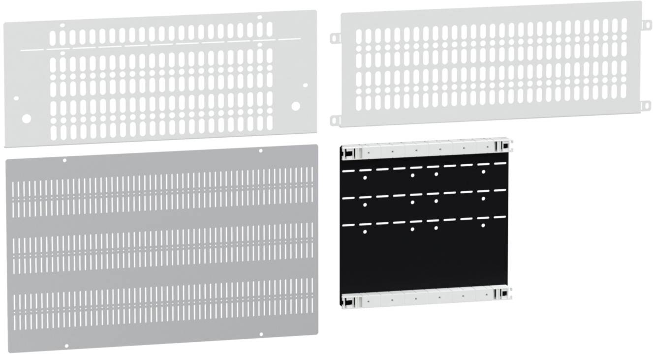 Quatre plaques métalliques différentes avec de nombreuses fentes. Une plaque est noire, les autres sont argentées. Elles servent à la ventilation.