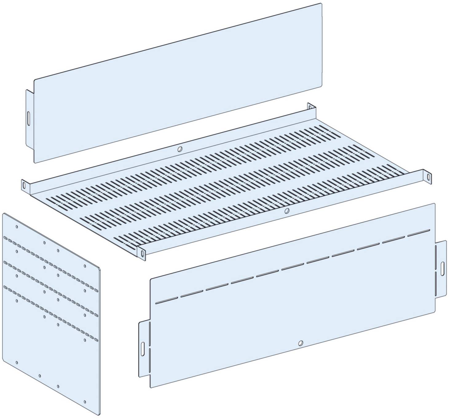 Vue éclatée d'un boîtier métallique comprenant quatre composants individuels : deux parois latérales avec des trous de fixation, un fond perforé et un panneau arrière.