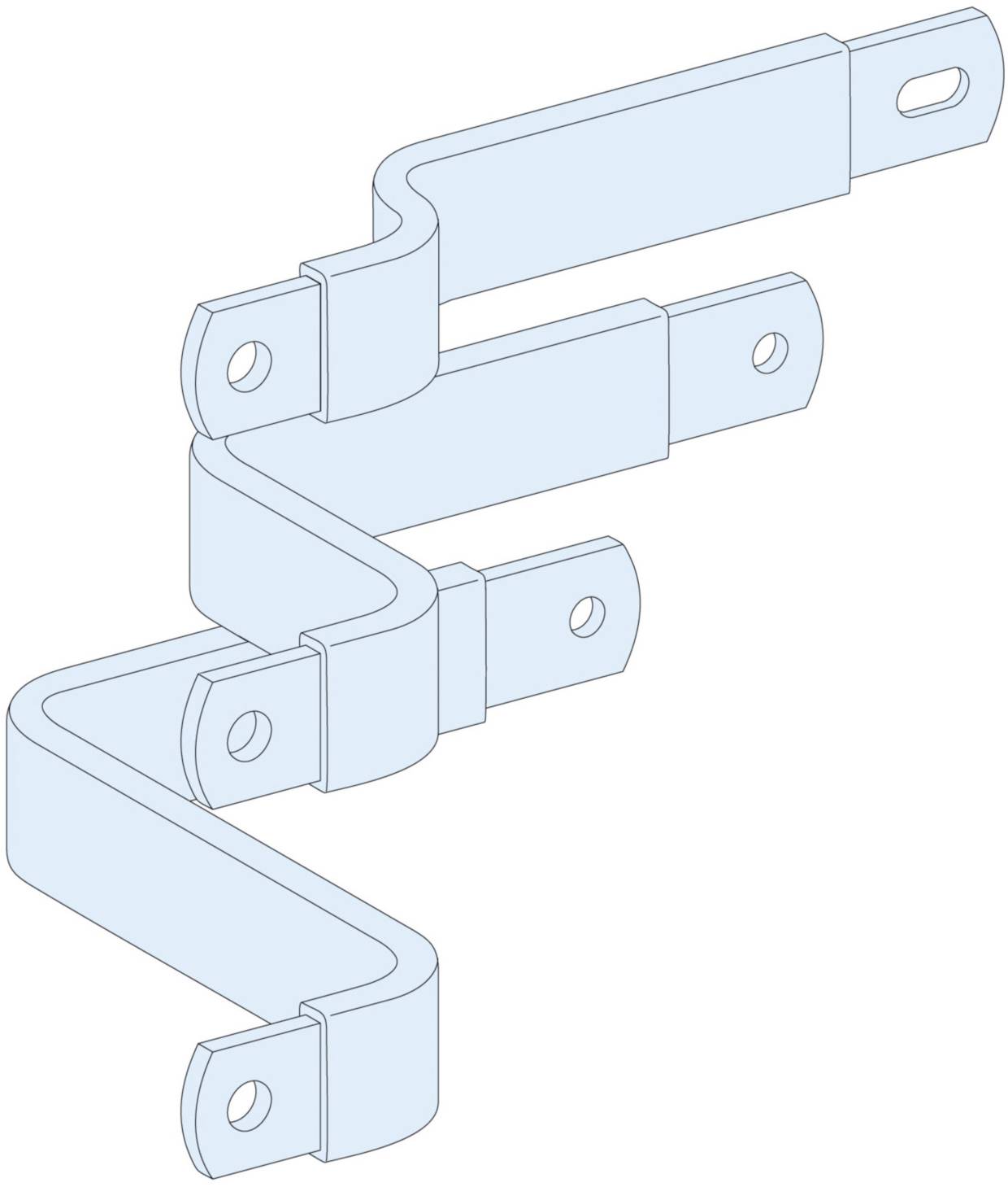 Dessin technique d'un embout métallique bleu en forme de Z avec plusieurs trous de fixation ; représentation en vue isométrique.