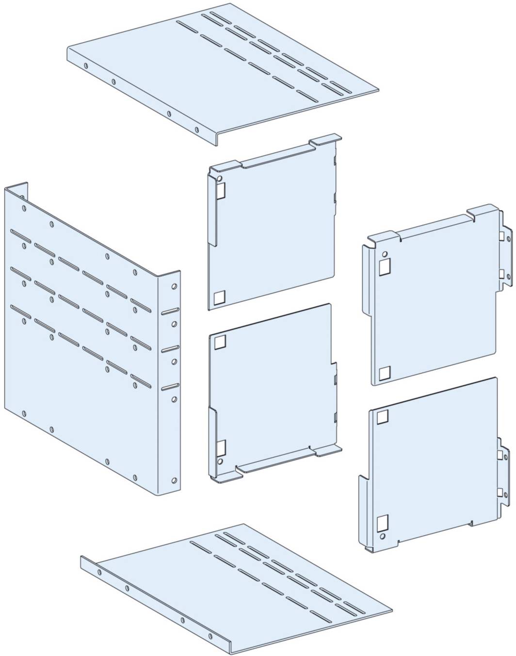 Vue éclatée d'un boîtier comprenant six composants, présentée en 3D pour illustrer l'arrangement de montage.