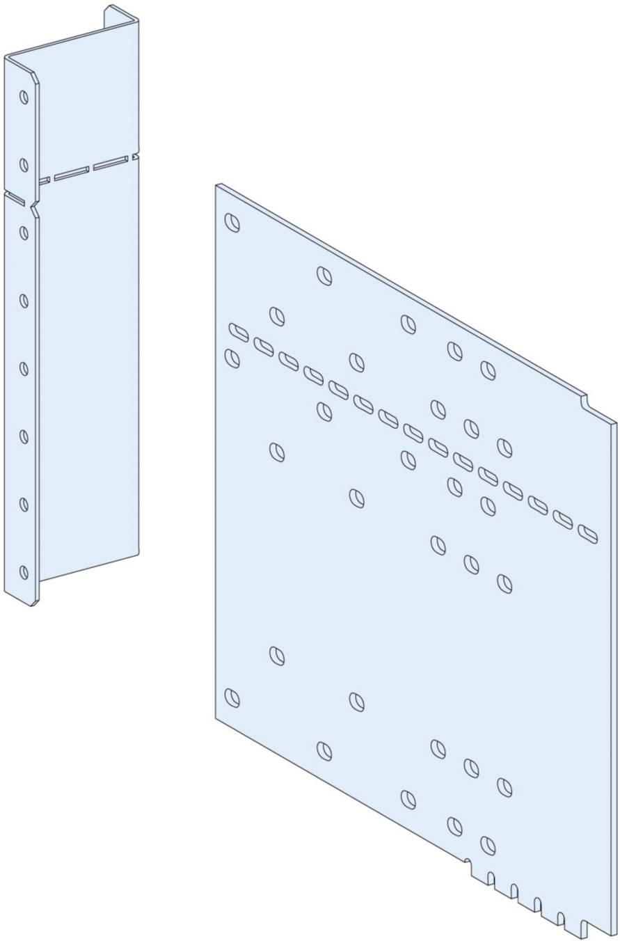 Deux plaques métalliques bleues percées de trous ; l'une rectangulaire, l'autre en forme de L. Utilisées pour des constructions ou des fixations.