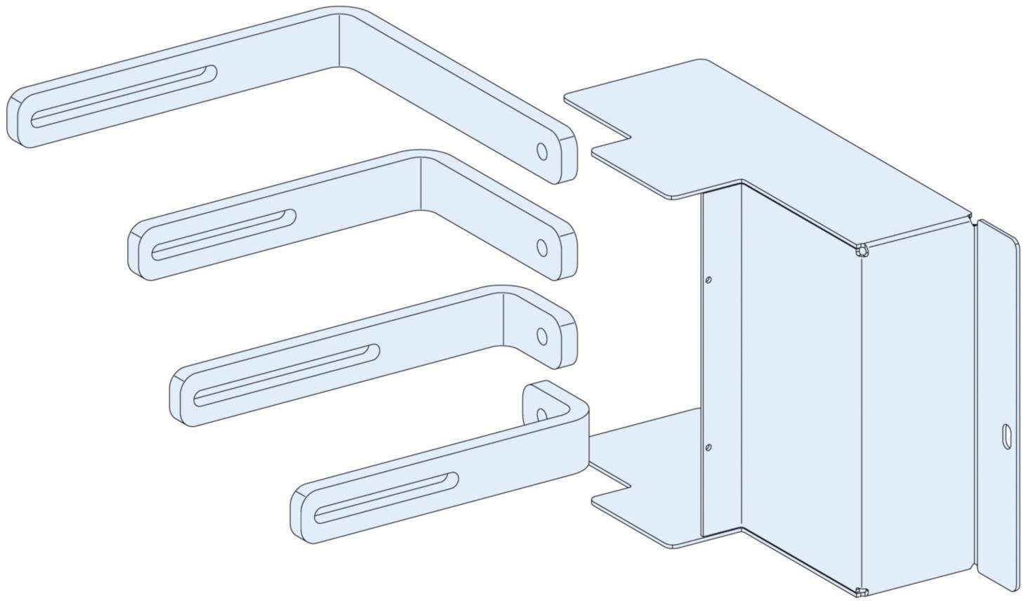 Vue éclatée d'une étagère métallique avec trois supports muraux et une tablette. Les supports sont disposés parallèlement à la tablette.
