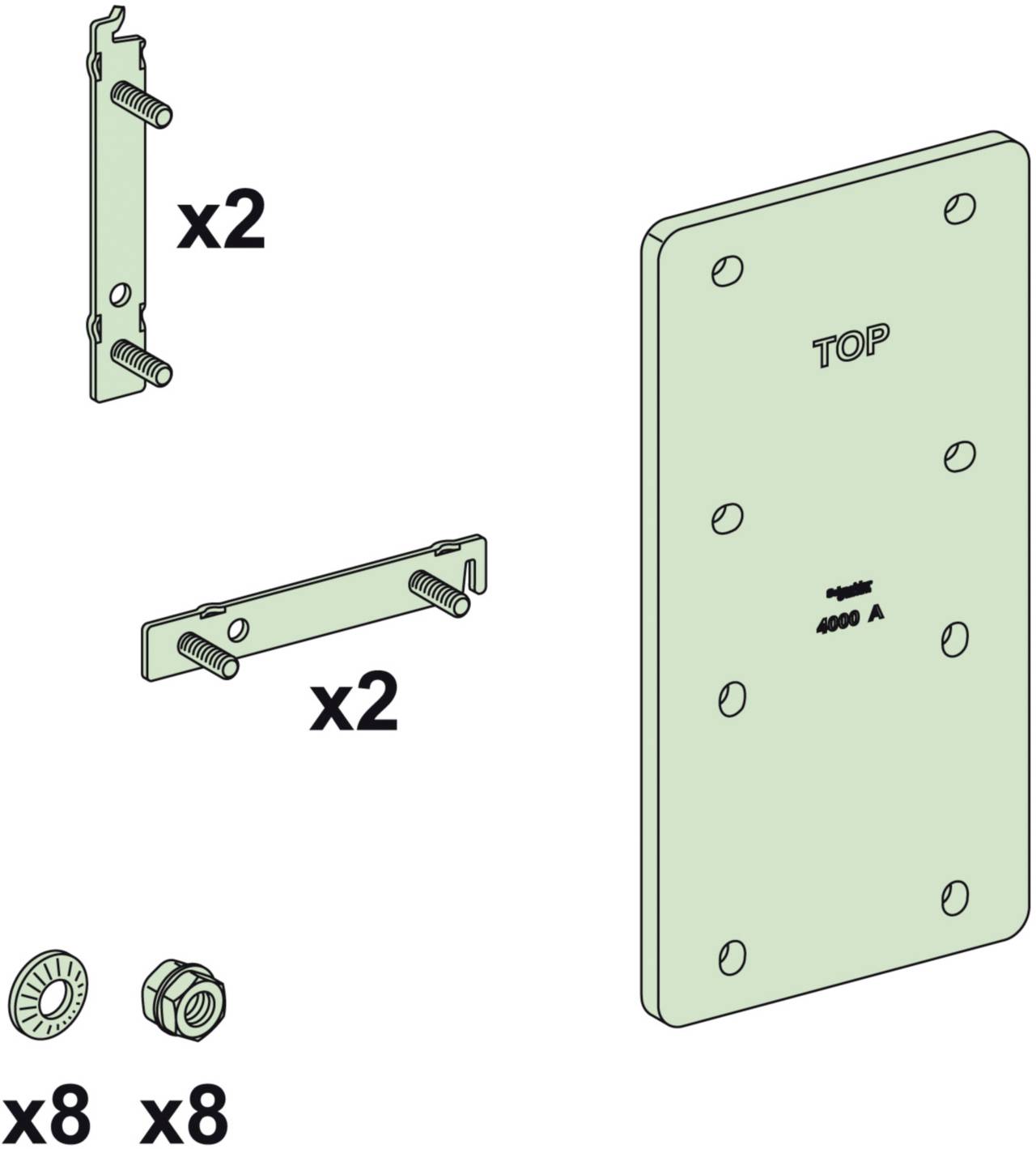 L'illustration montre le mode d'emploi de montage : deux supports, une grande plaque portant l'inscription 'TOP' et des vis avec écrous.