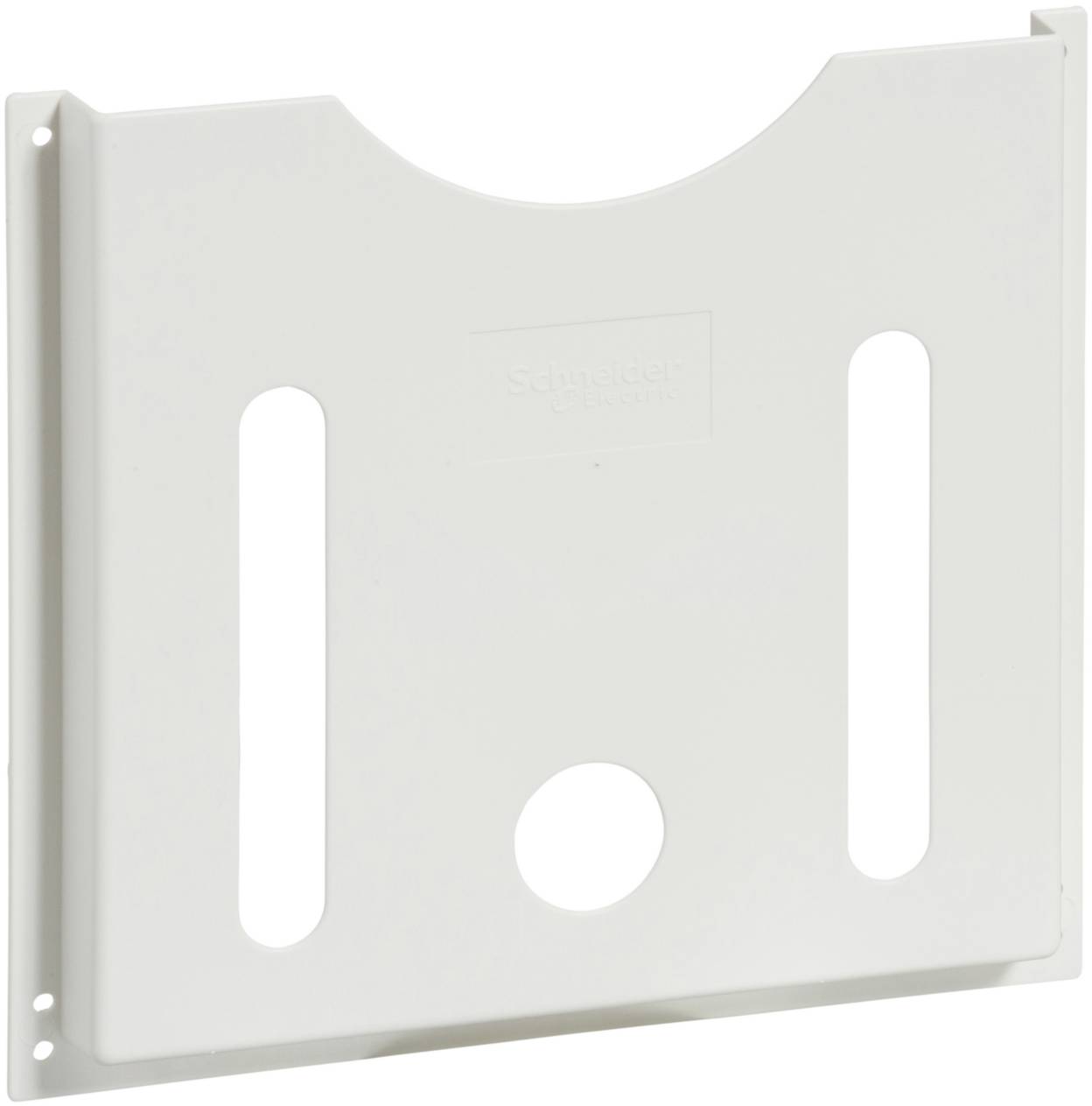 Support en plastique blanc de forme allongée avec une découpe circulaire en bas, adapté pour une fixation murale.
