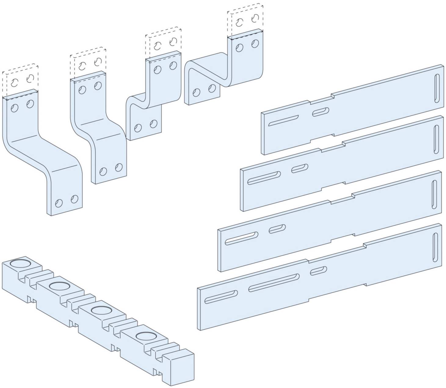 Vue éclatée d'un kit de système d'étagères avec supports, rails et éléments de fixation. Composants présentés dans l'ordre de montage.