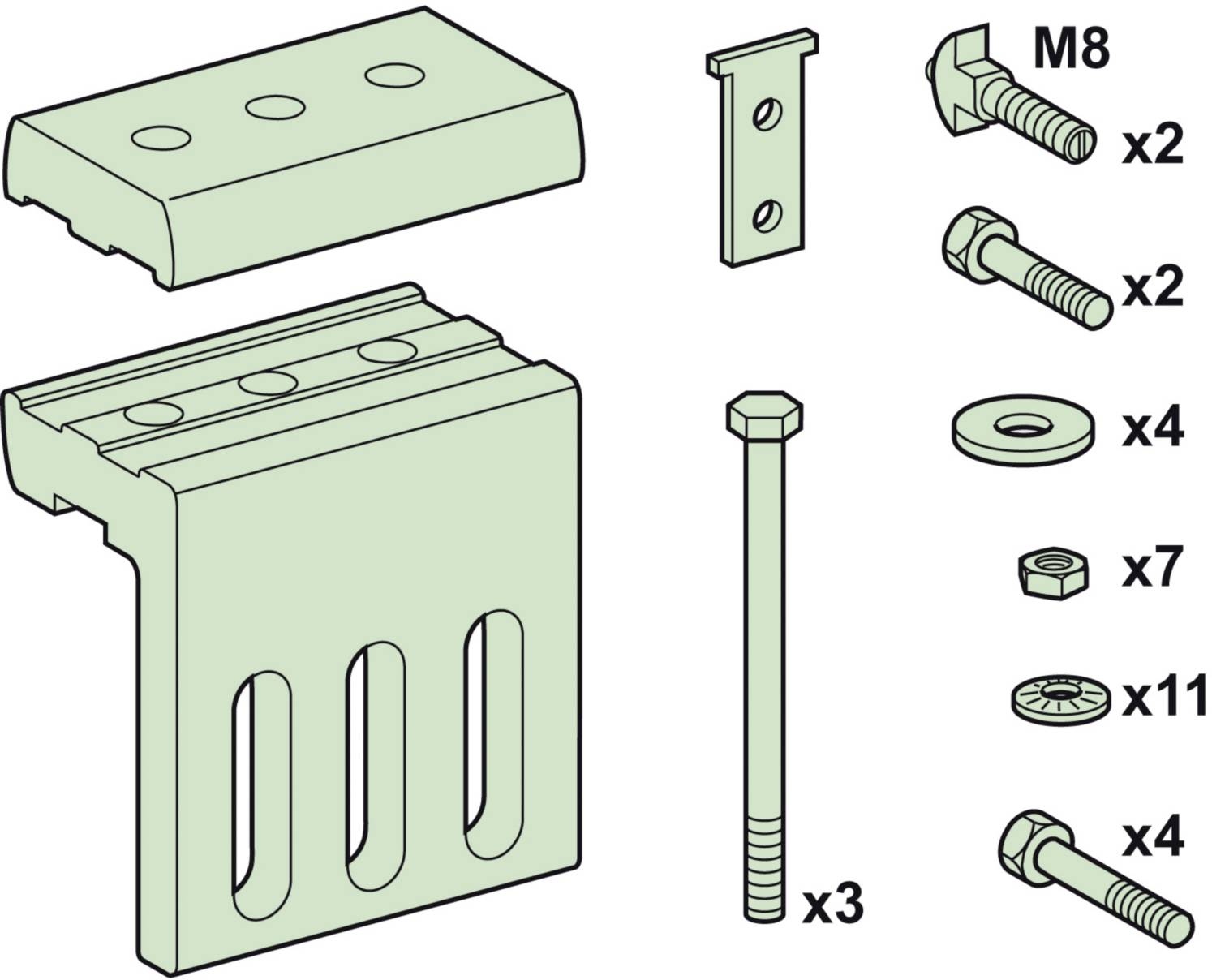 Illustration d'un plan de construction avec des composants. Différentes vis, écrous et plaques métalliques sont représentés avec leurs quantités respectives.