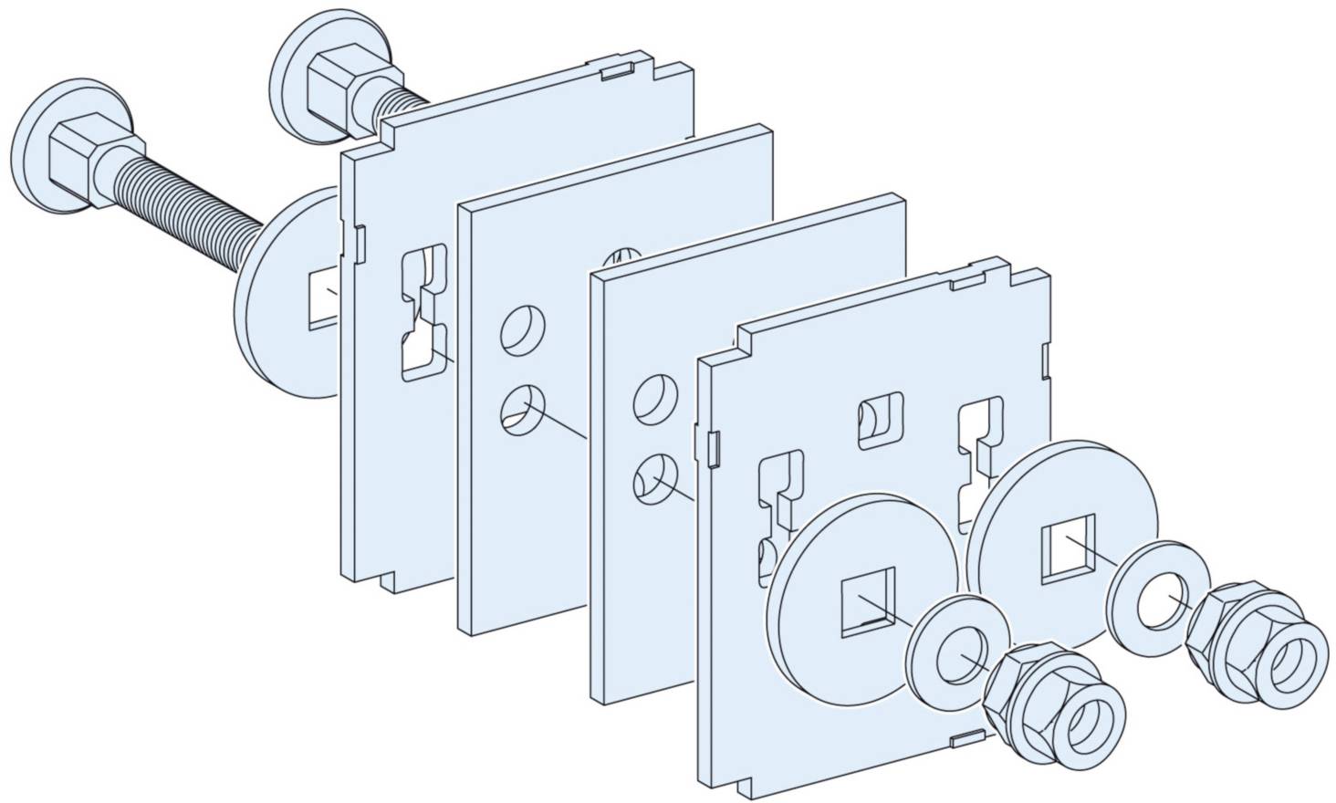 Écorché d'un mécanisme de serrure avec vis, plaques et écrous en pièces détachées. Illustre la structure et l'ordre de montage.