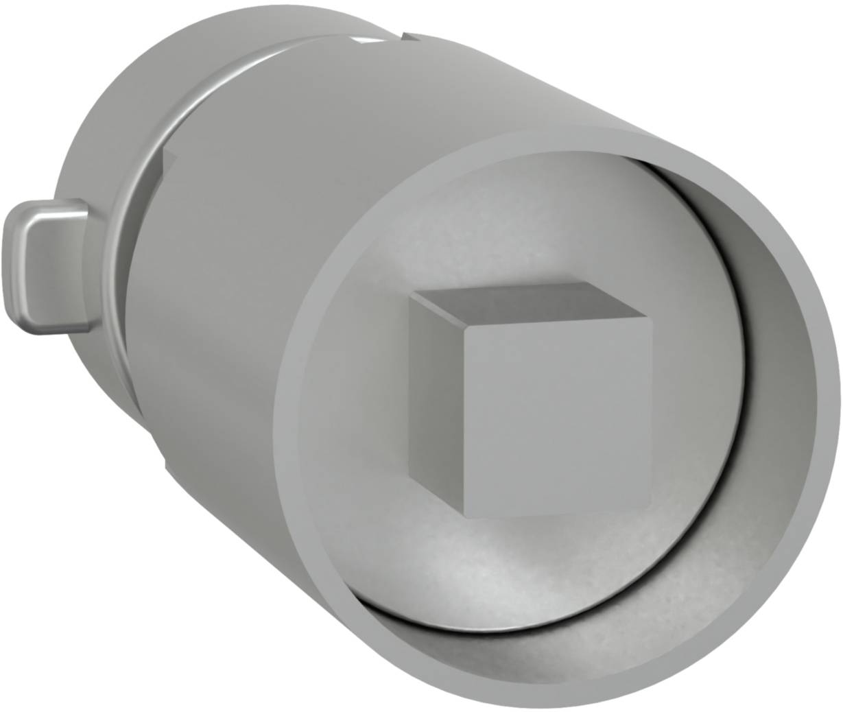 Une pièce métallique cylindrique avec une saillie carrée à une extrémité. La pièce est argentée et possède des surfaces lisses.