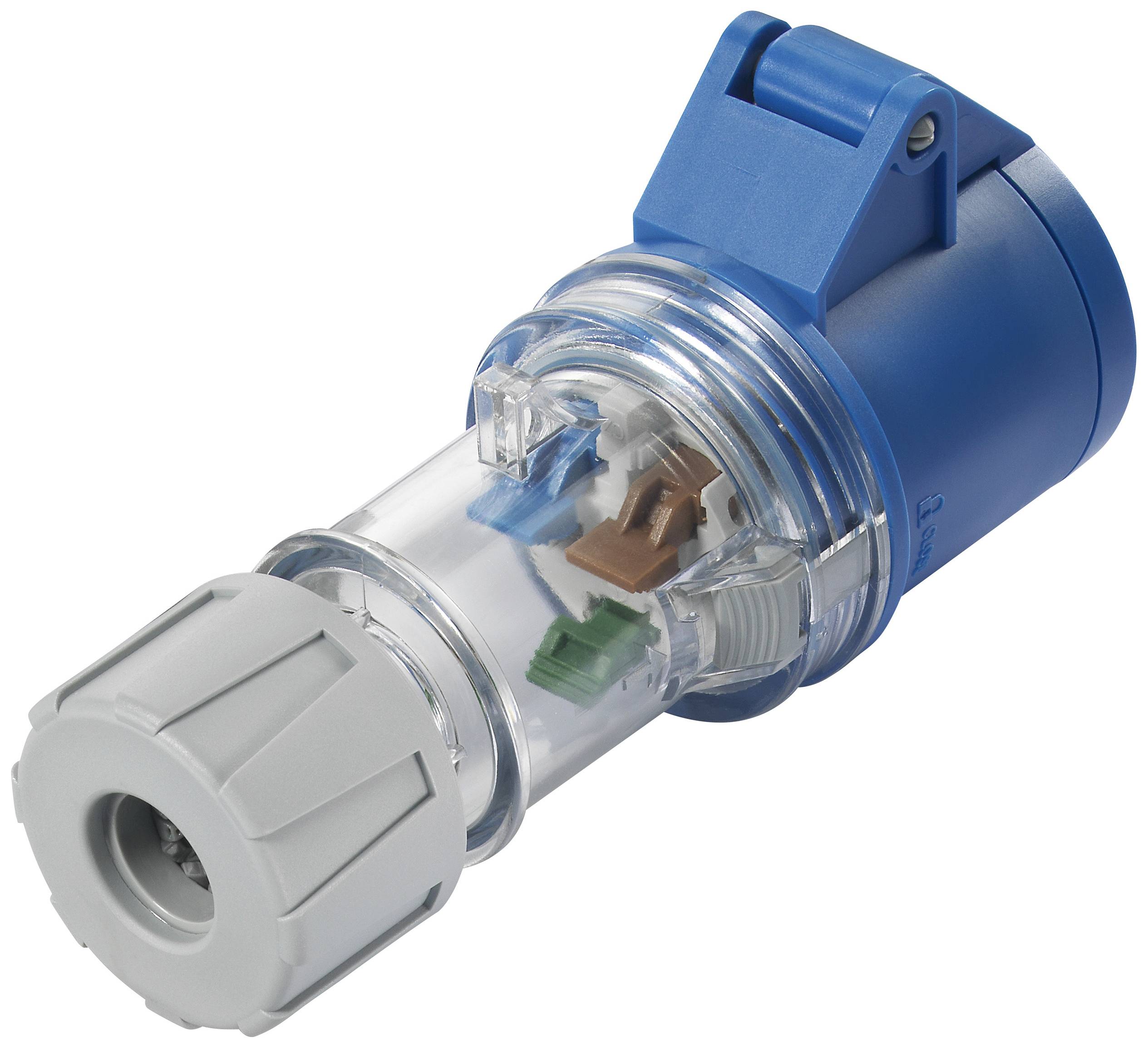 Un adaptateur électrique bleu et transparent avec différentes connexions colorées et un capuchon gris, utilisé pour des connexions industrielles.