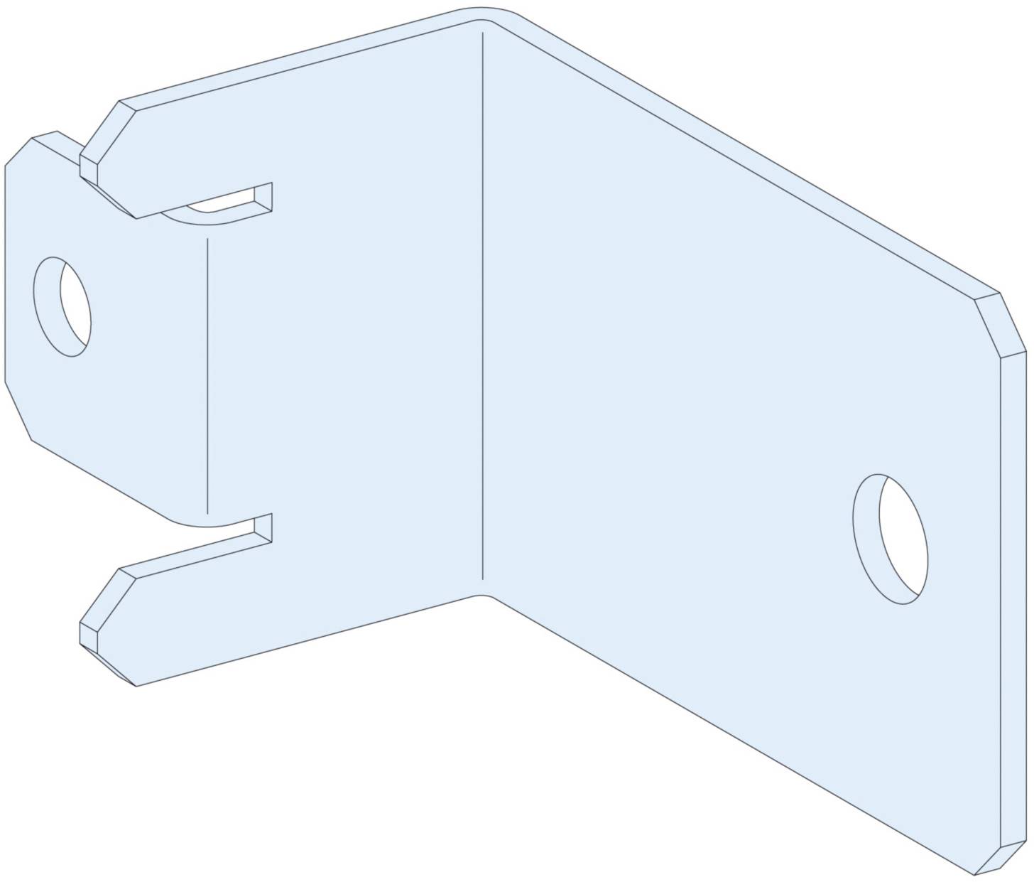 Dessin technique d'un support métallique rectangulaire bleu avec deux trous circulaires et une découpe en forme de fente.