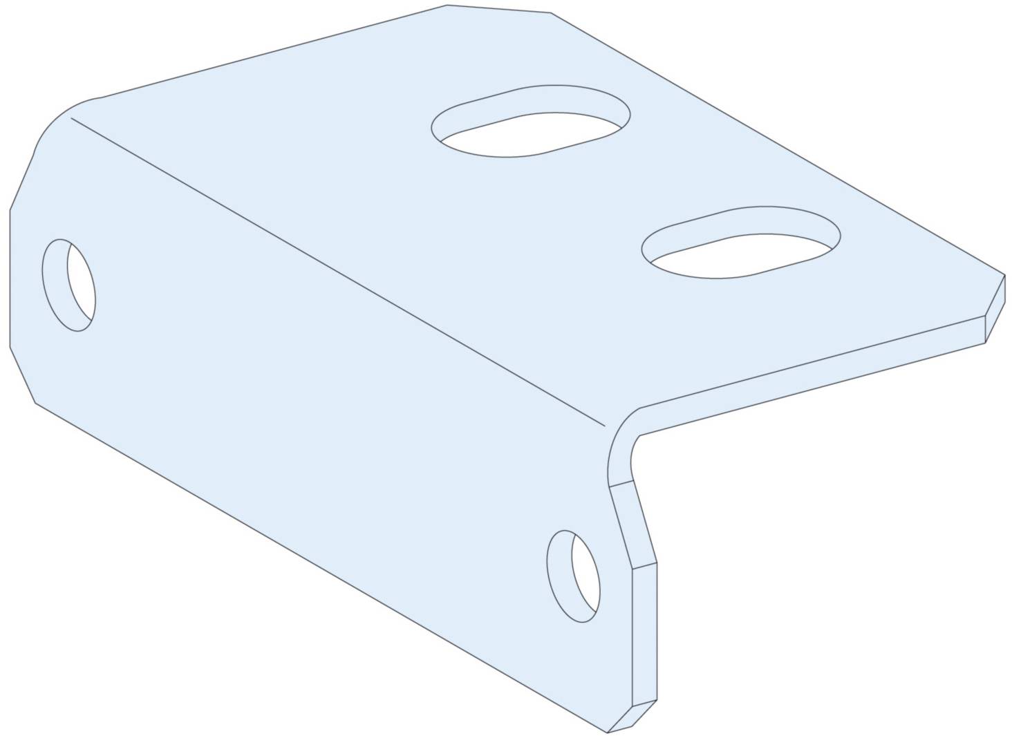 Plaque métallique avec angle courbé, quatre trous ovales. Sert de pièce de connexion ou de support dans des constructions techniques.