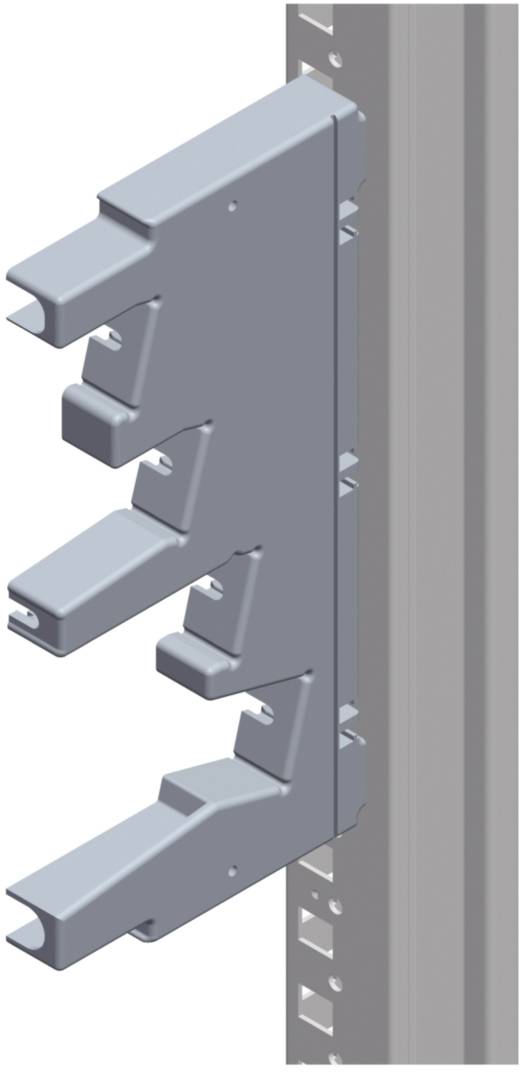 Illustration d'un crochet métallique gris fixé à un support vertical. Le crochet possède plusieurs bras en saillie et est conçu pour des fixations.