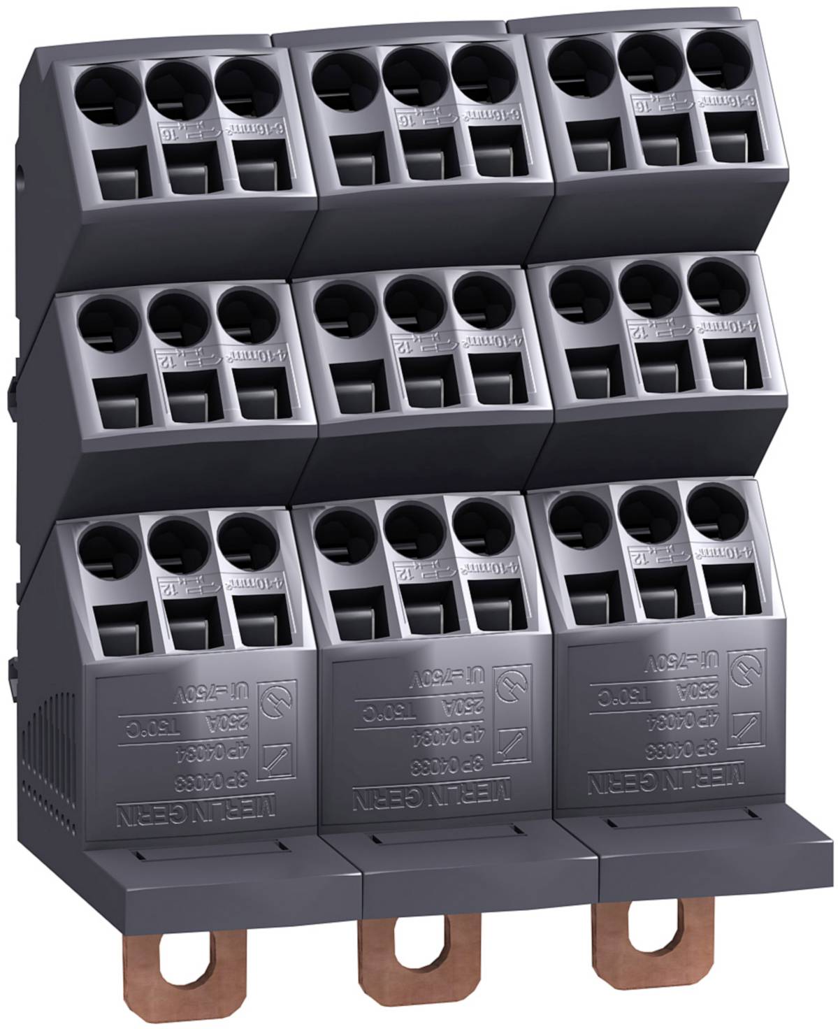 Un ensemble de neuf bornes de connexion électriques noires, disposées en trois rangées, adaptées aux connexions de câbles dans les circuits électriques.