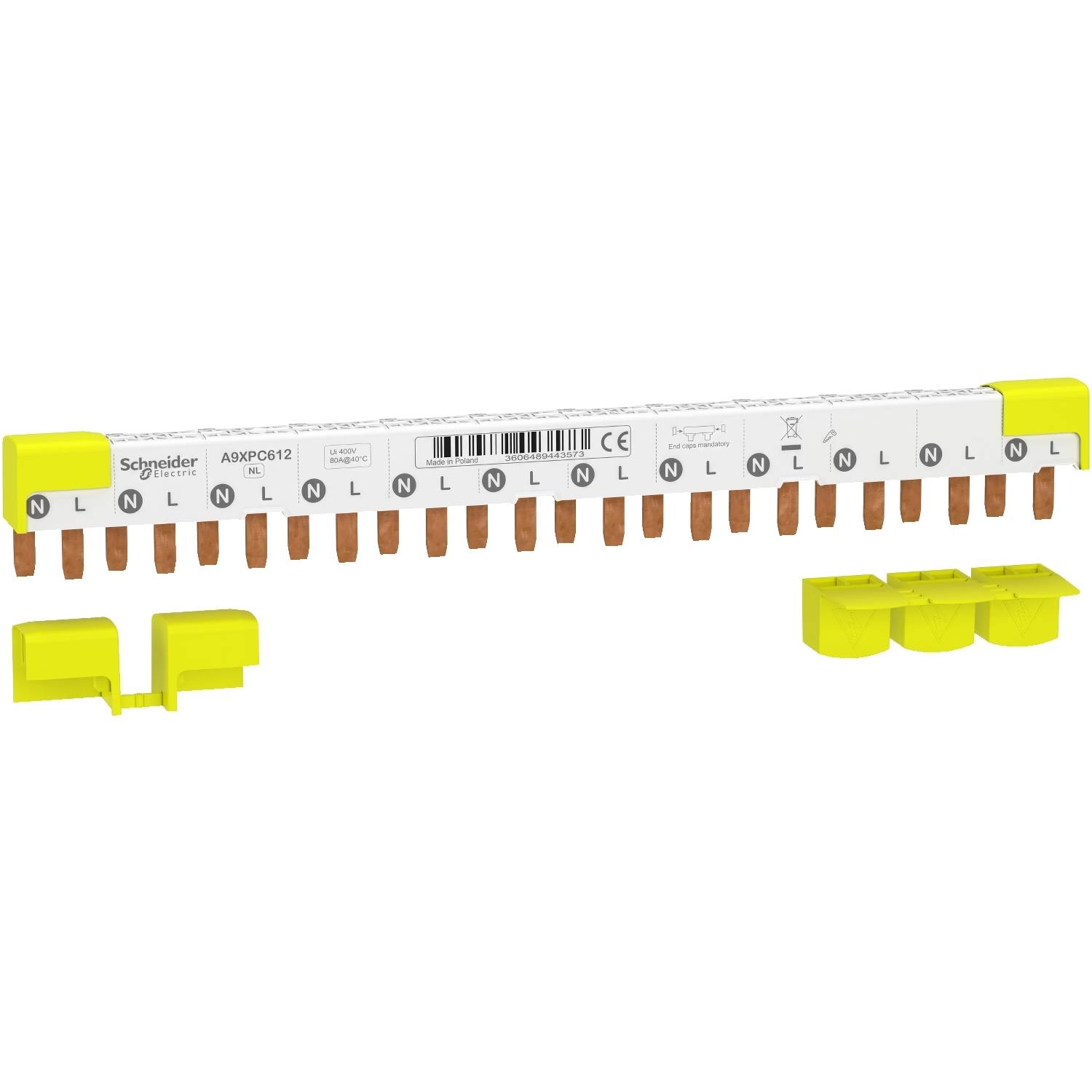 Connecteur de borne en série jaune et blanc avec plusieurs connexions de couleur cuivre. Nom de marque et détails du produit visibles en haut.