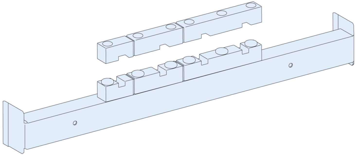 Dessin technique d'un système d'assemblage avec des connecteurs rectangulaires. Présente un composant démonté au-dessus d'une barre de base.