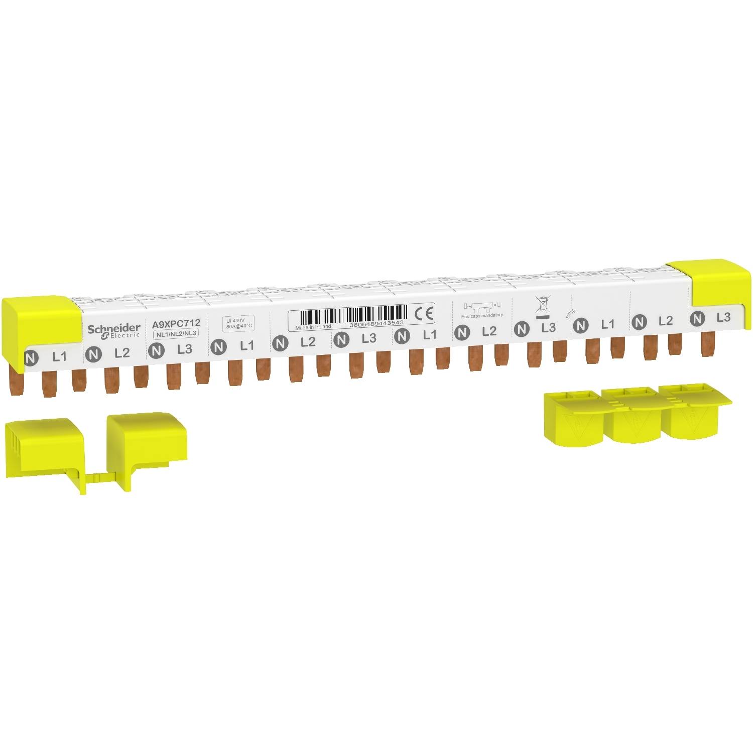 Rails de phase 'Schneider' avec capots jaunes et connexions à broches en cuivre pour systèmes électriques triphasés L1, L2, L3.