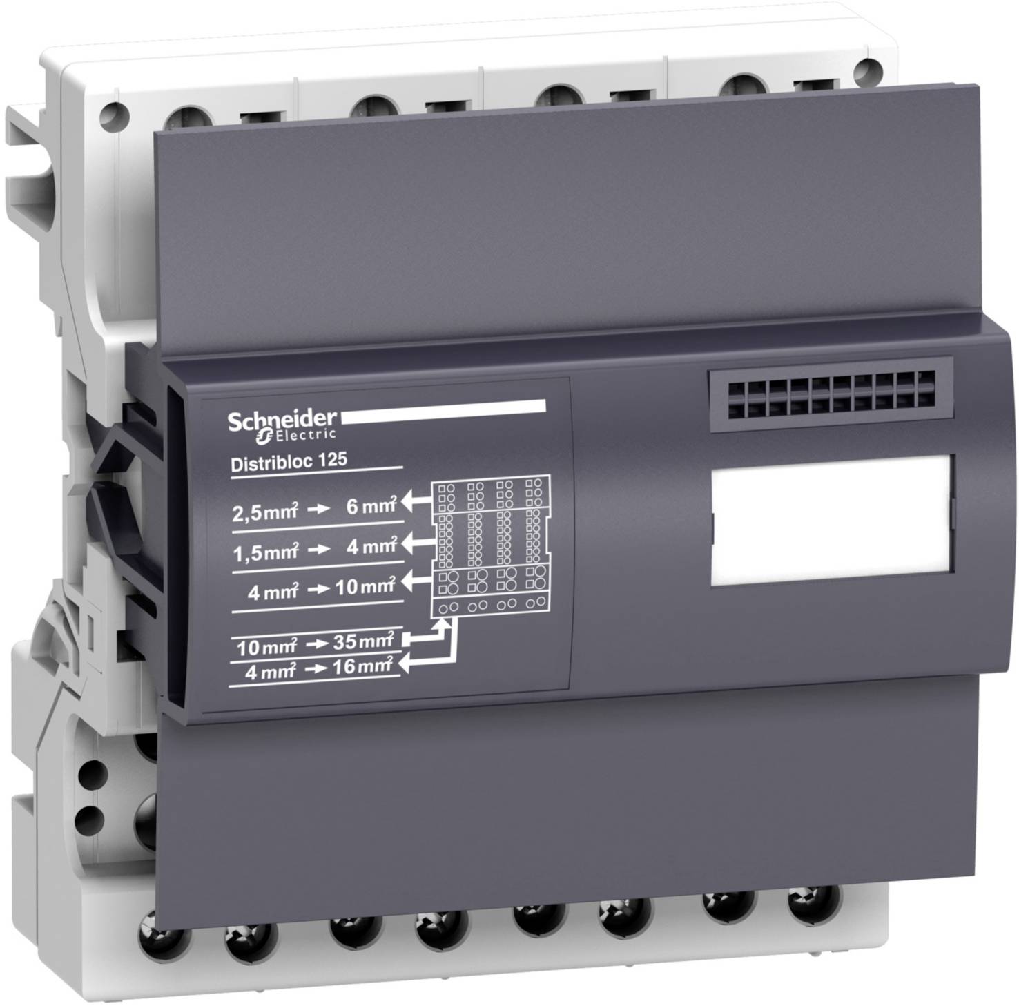 Un bloc de distribution noir de Schneider Electric avec des indications de sections de câble de 2,5 mm² à 35 mm² et de 4 mm² à 16 mm².