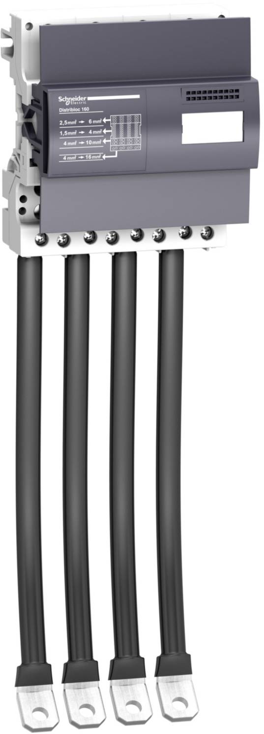Un dispositif de distribution électrique gris avec quatre câbles noirs à sa base. Une étiquette avec plusieurs circuits est visible sur le dessus.
