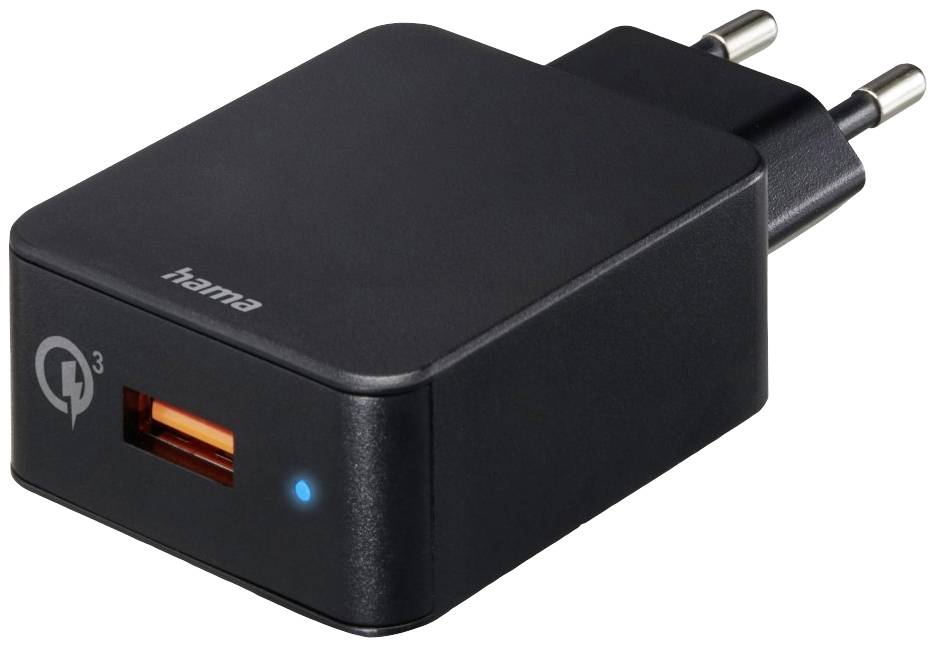 Chargeur USB noir avec un port, de la marque 'hama' et un voyant lumineux bleu sur l'avant.