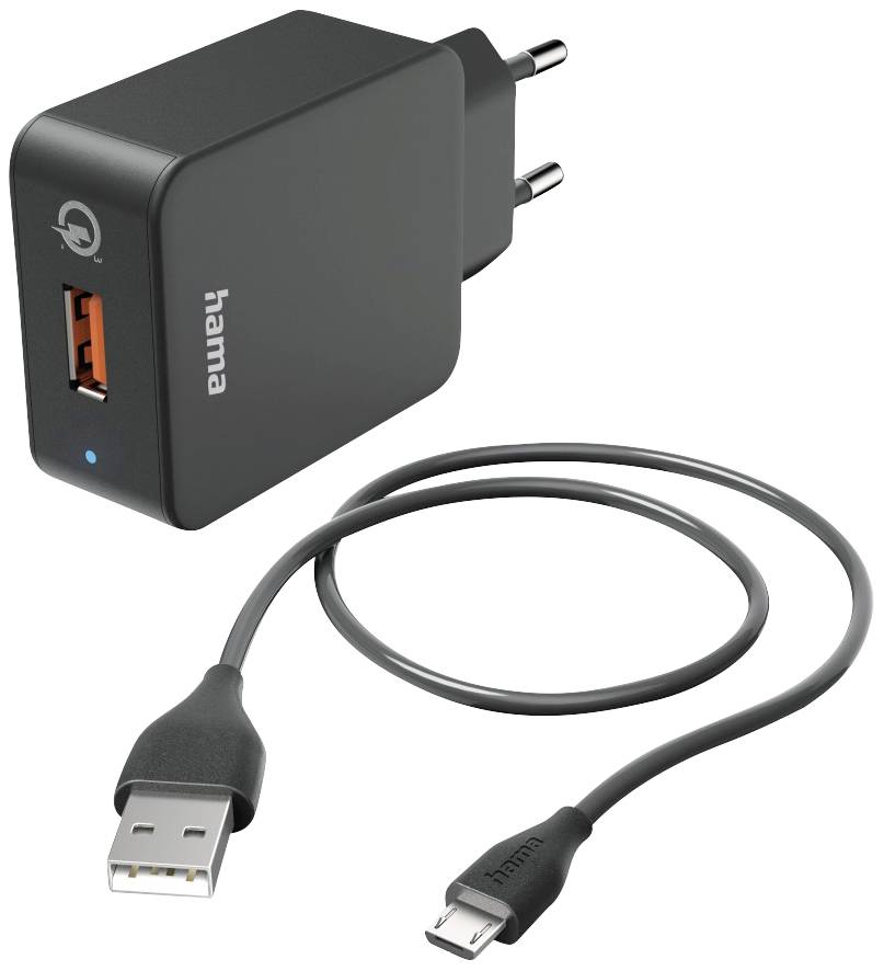 Chargeur USB noir avec câble USB. Le chargeur dispose d'une prise EU et d'un port USB. Câble avec connecteurs USB-A et Micro-USB.