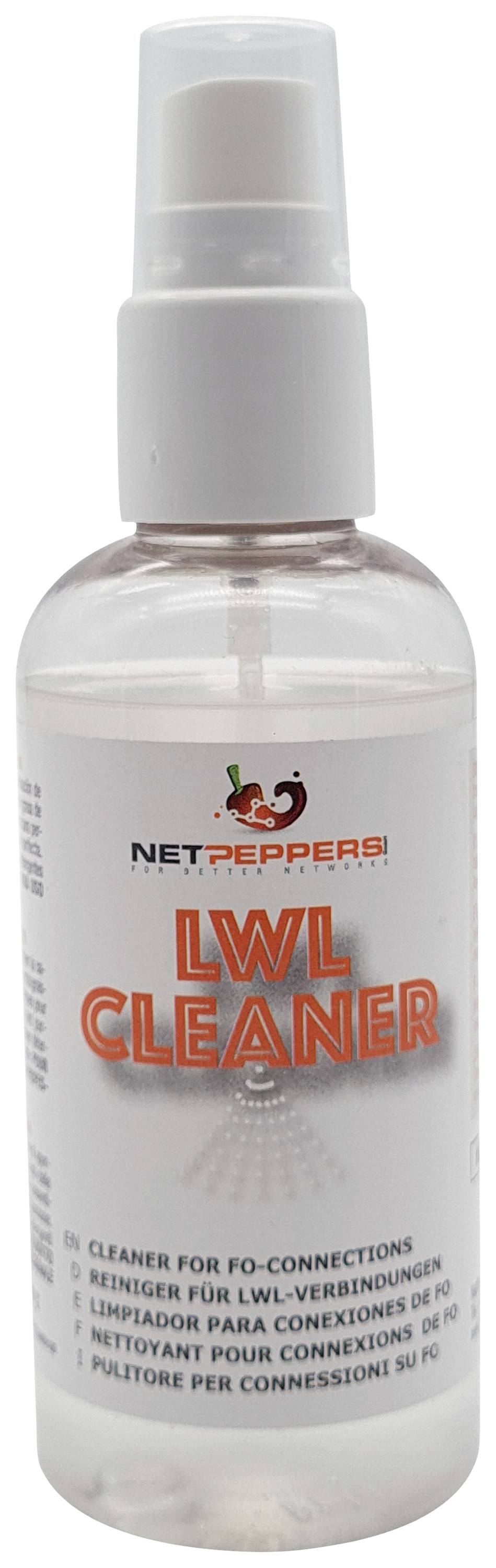 Bouteille de spray portant l'inscription 'NET-PEPPERS LWL CLEANER'. Nettoyant pour connexions à fibre optique (LWL) répertorié dans plusieurs langues.