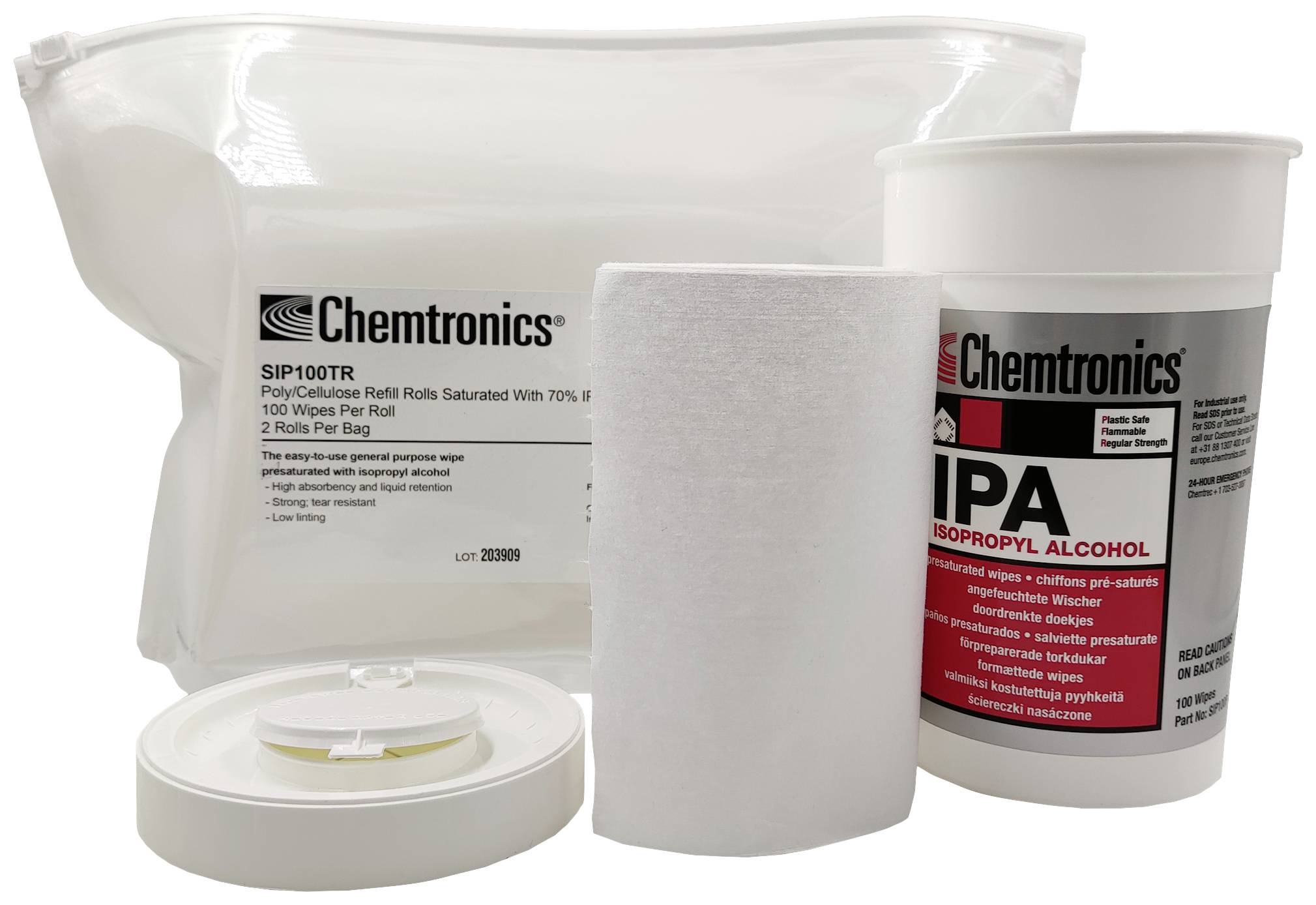 Un paquet de lingettes Chemtronics à l'alcool isopropylique, composé d'un recharge et d'un distributeur de lingettes de nettoyage.