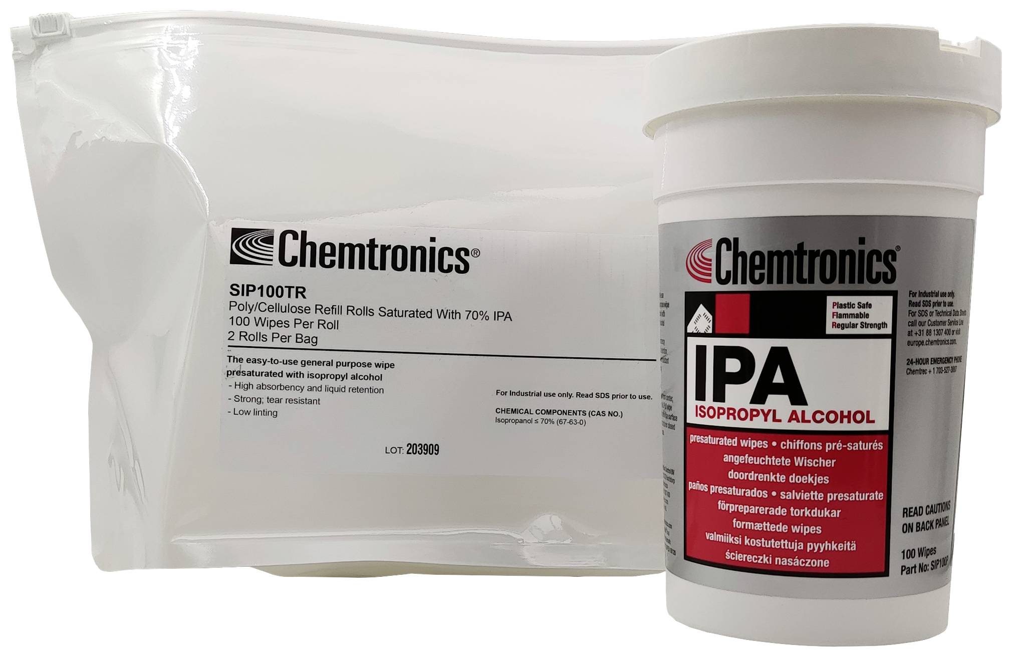 Emballage 'Chemtronics' contenant deux produits : sachet de 100 lingettes, récipient de nettoyant alcoolisé à 70% d'isopropanol pour appareils électroniques.