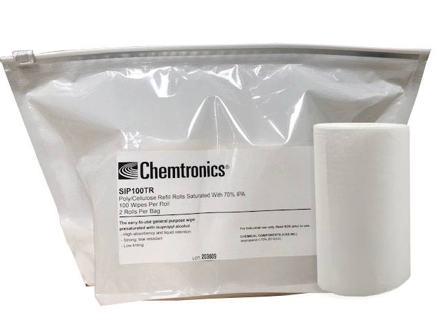 Un rouleau de lingettes de nettoyage à côté d'un emballage portant l'inscription 'Chemtronics SIP100TR'. Contient 70% d'IPA, 100 lingettes par rouleau.