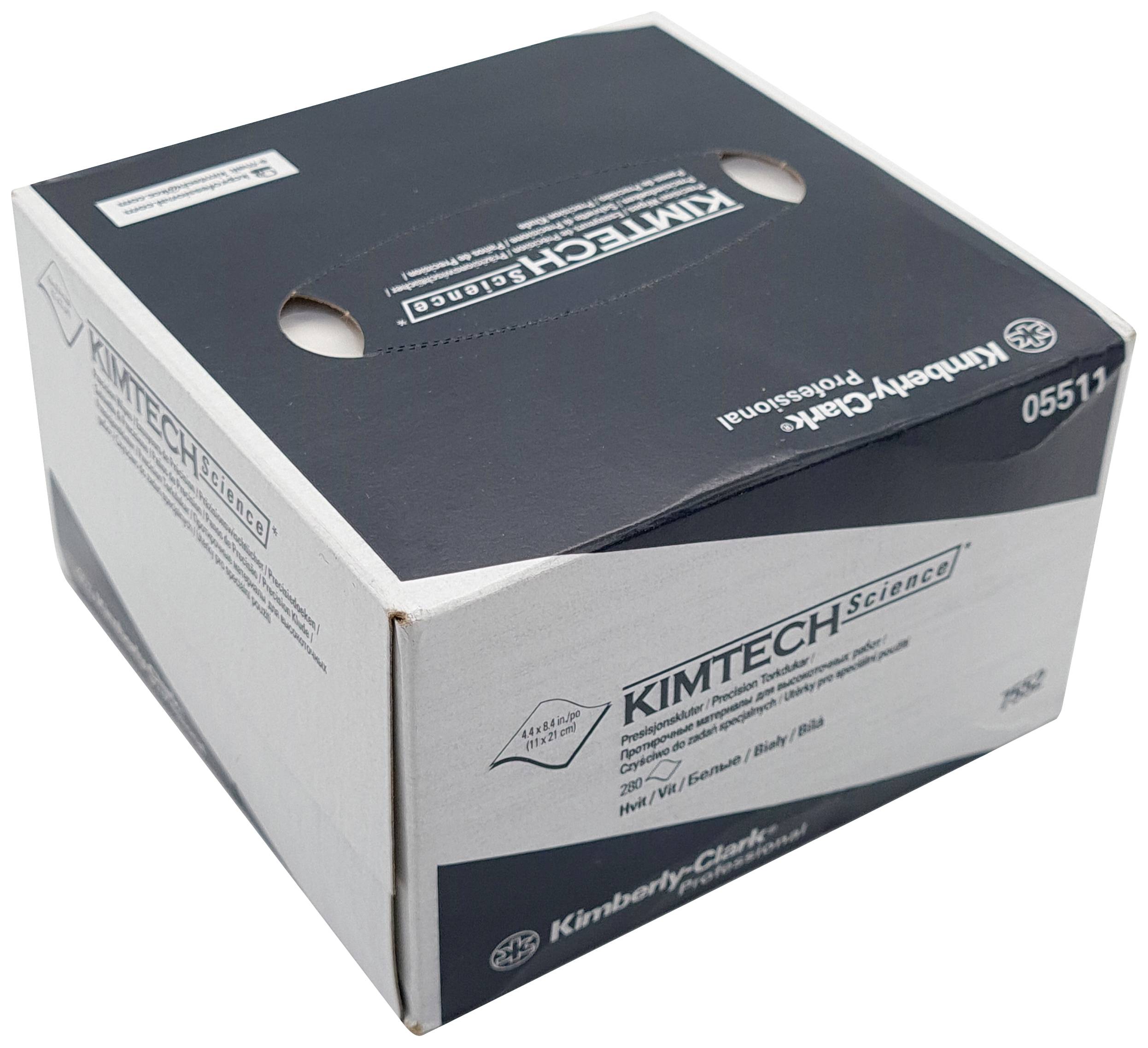 Carton en carton avec l'inscription 'Kimtech Science Kimwipes'. Contient des lingettes fines pour des applications de laboratoire ou de nettoyage.