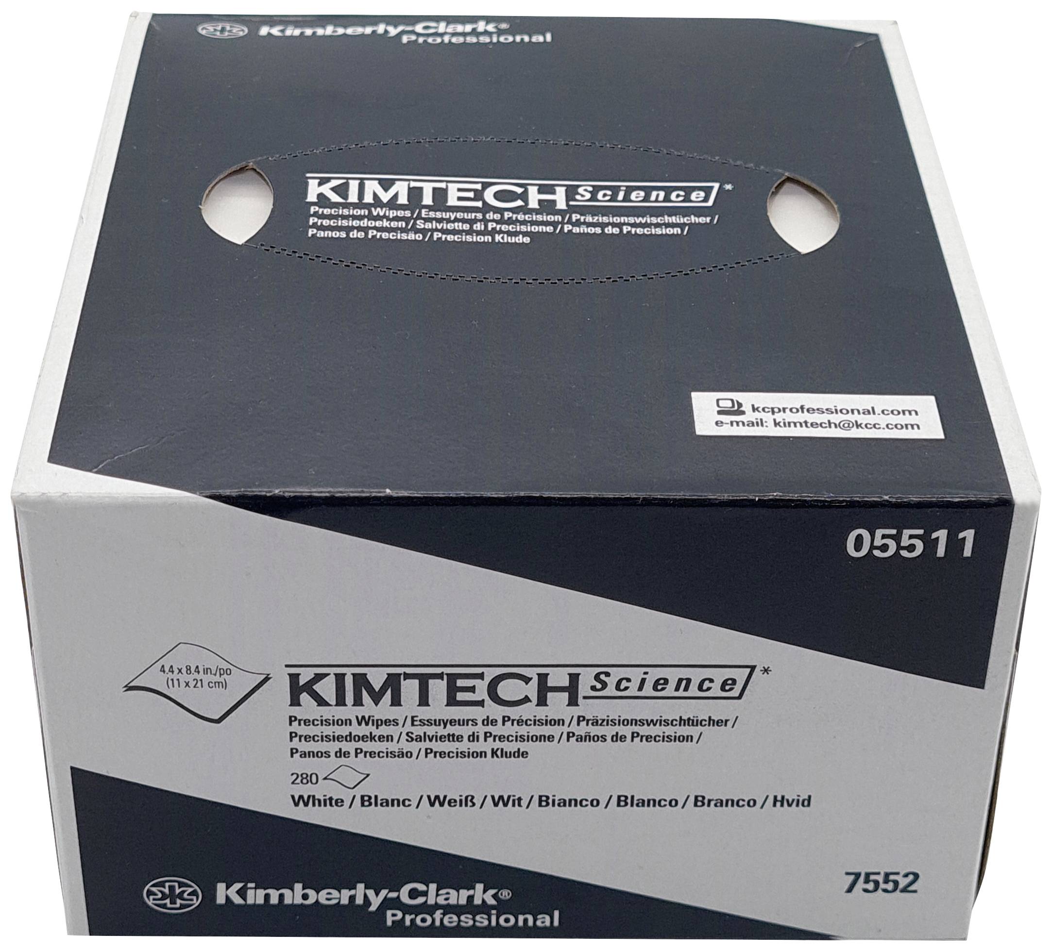 Une boîte blanche portant l'inscription 'KIMTECH Science', contenant des lingettes de précision, 280 lingettes, de couleur blanche, de Kimberly-Clark Professional.