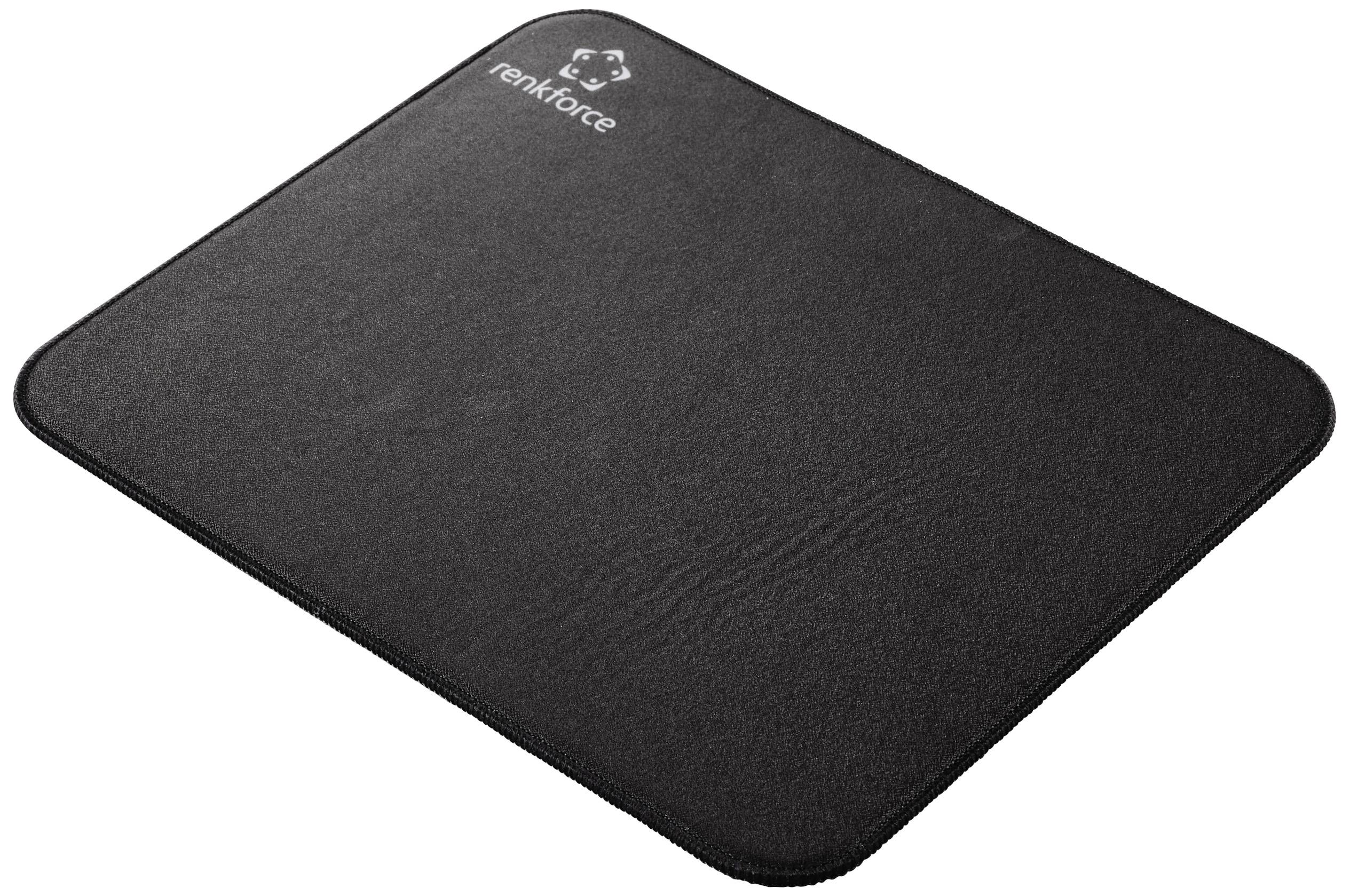 Tapis de souris noir aux coins arrondis avec le logo de marque 'renkforce' dans le coin supérieur gauche.