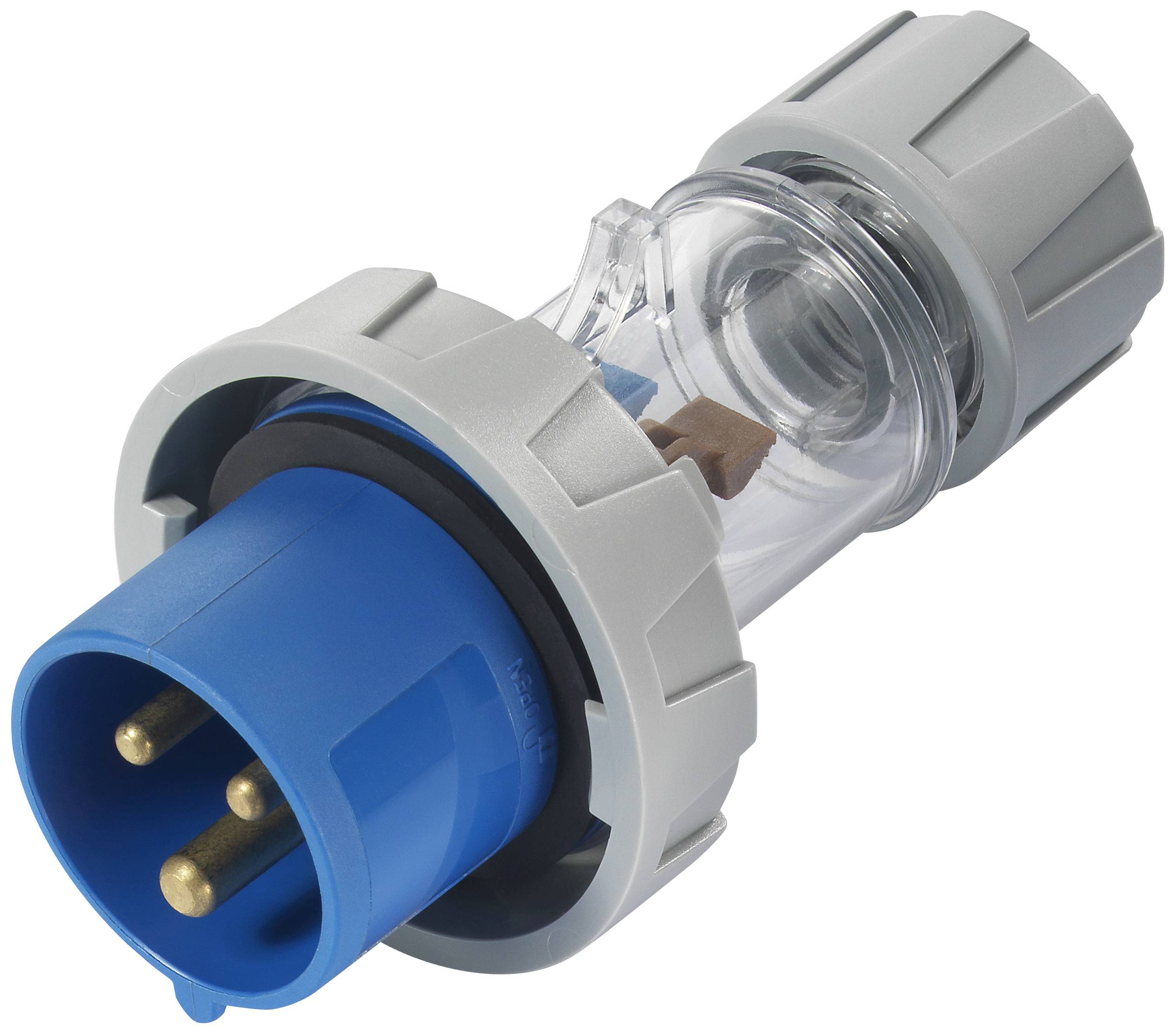 Connecteur industriel bleu tripolaire avec boîtier en plastique transparent pour des connexions électriques sécurisées dans des environnements industriels.