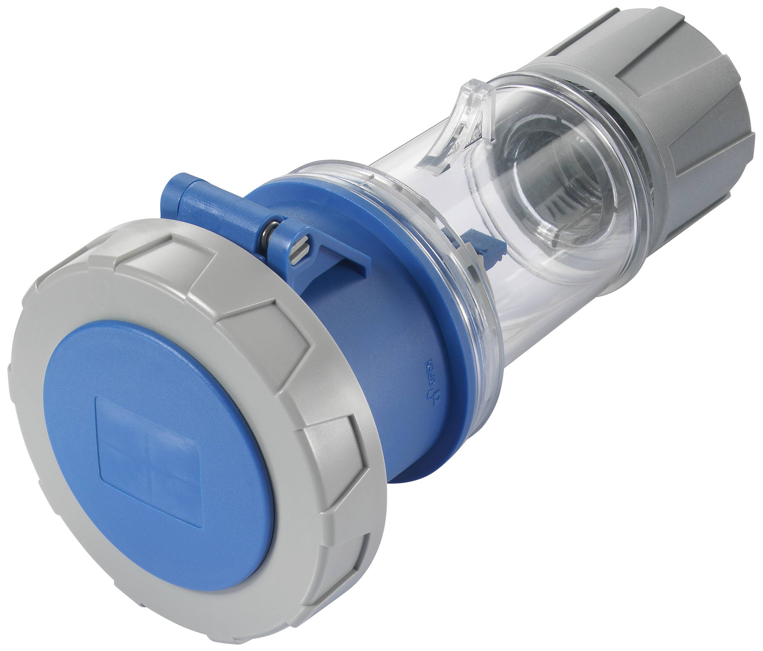 Prise industrielle en bleu et gris, design cylindrique avec capot de protection, adaptée pour des connexions électriques robustes.