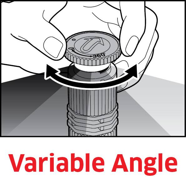Une personne montre l'ajustement de l'angle d'une lampe de poche en tournant la tête à différents angles. Texte : 'Angle variable'.