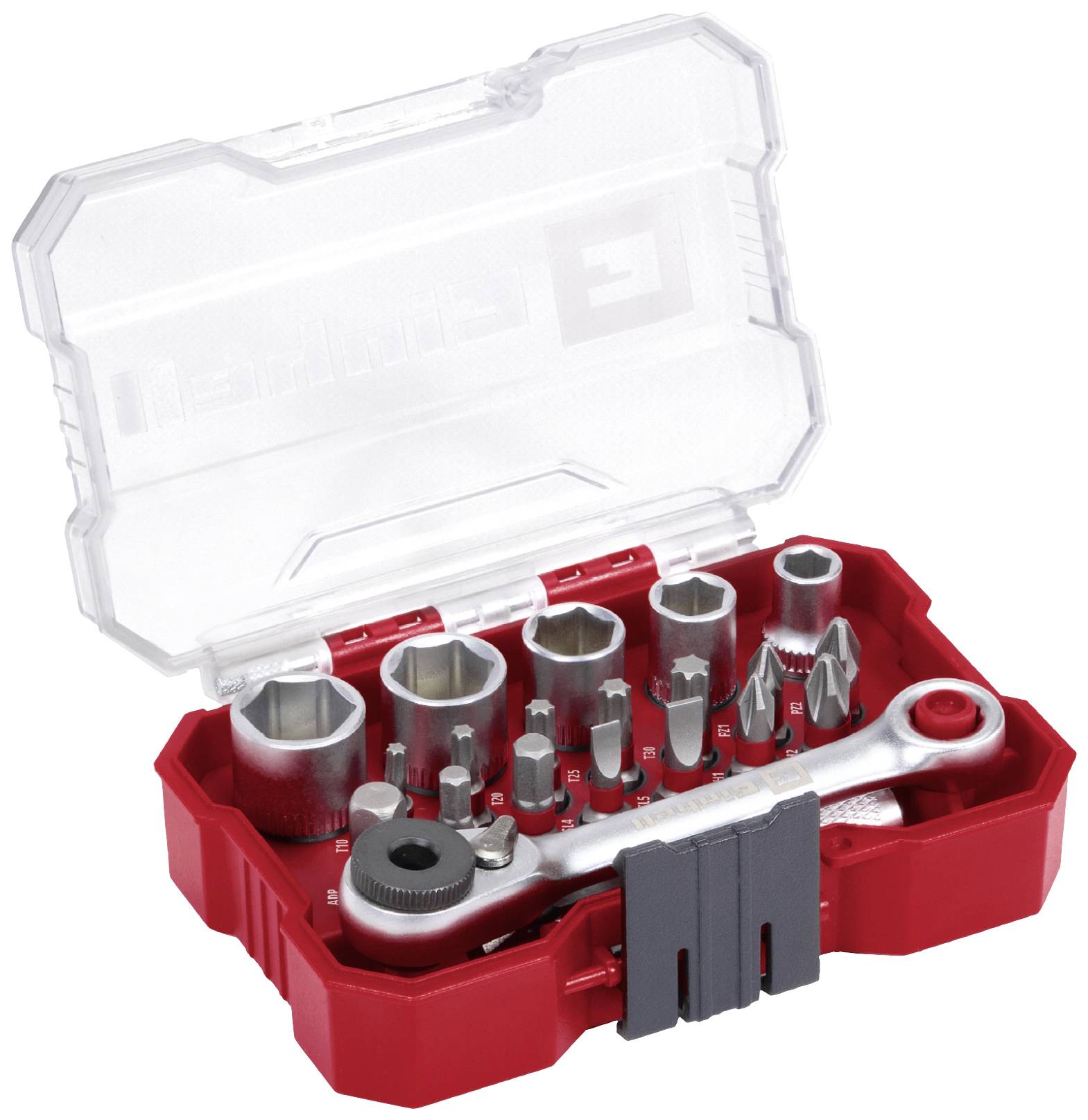 Un ensemble d'outils rouge comprenant divers embouts de vissage et une clé à cliquet. Les embouts sont triés en différentes formes et tailles.