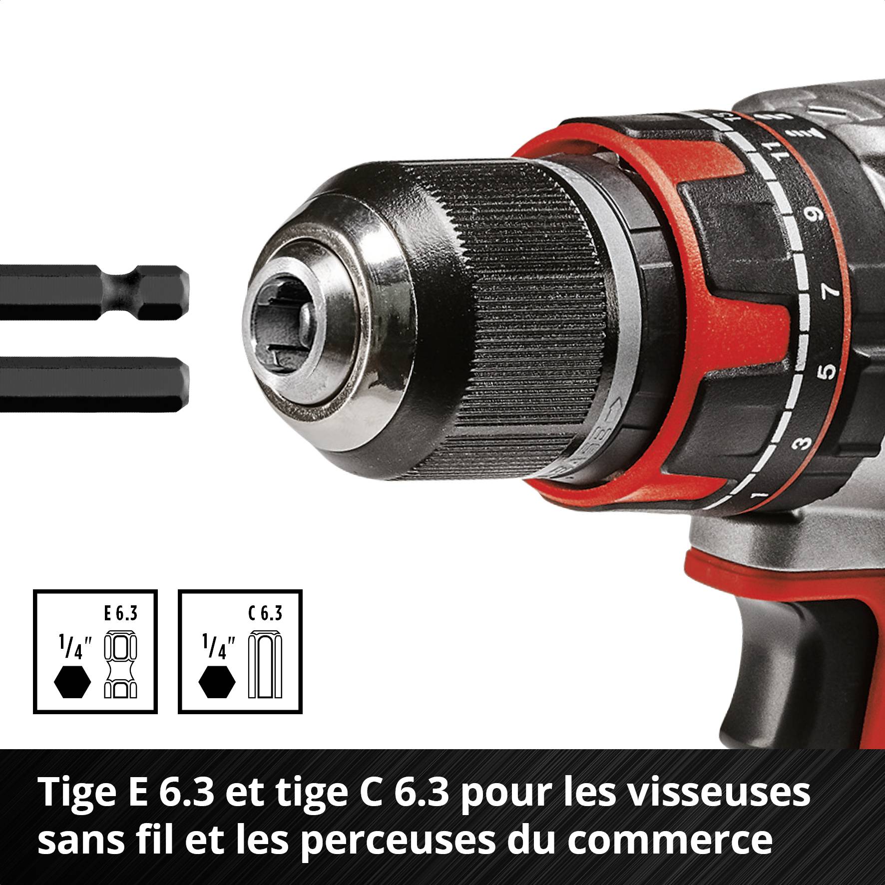 Visseuse sans fil avec deux adaptateurs de mandrin interchangeables ; adaptée aux empreintes E 6.3 et C 6.3.