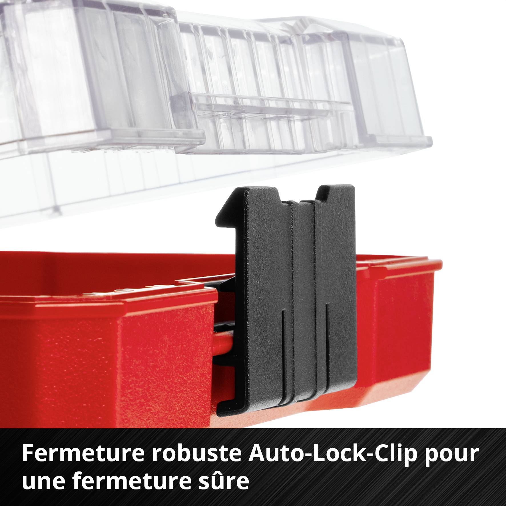 Conteneur rouge avec un clip de verrouillage robuste auto-bloquant, garantissant une fermeture sécurisée.