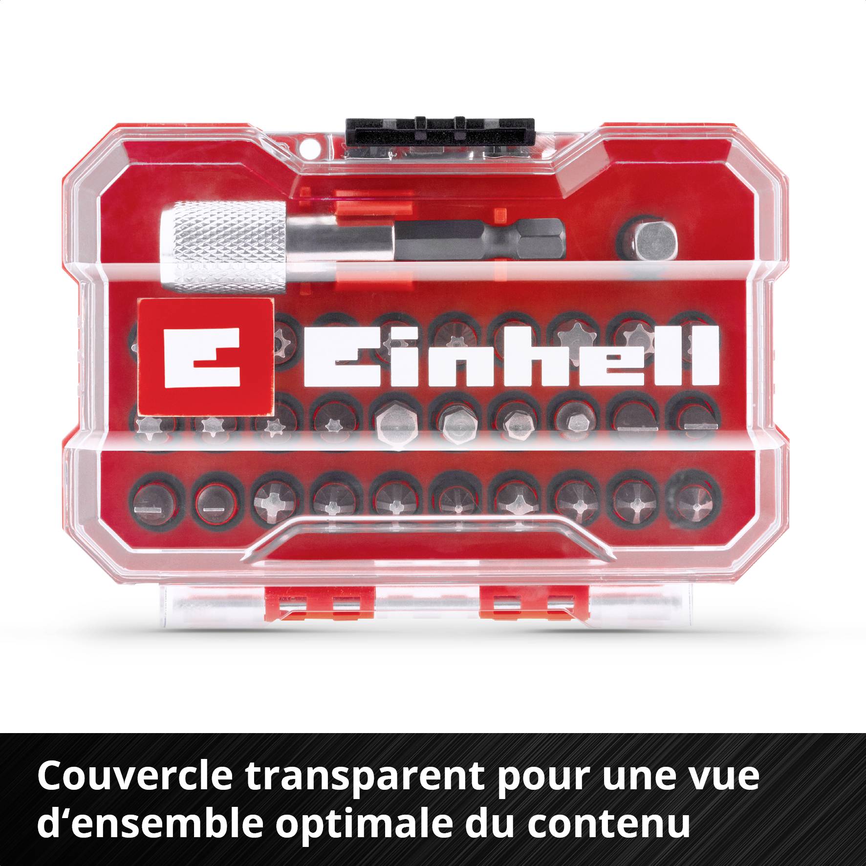 Un ensemble rouge comprenant différents embouts et un tournevis, rangé dans un boîtier transparent portant le logo et le nom de la marque.