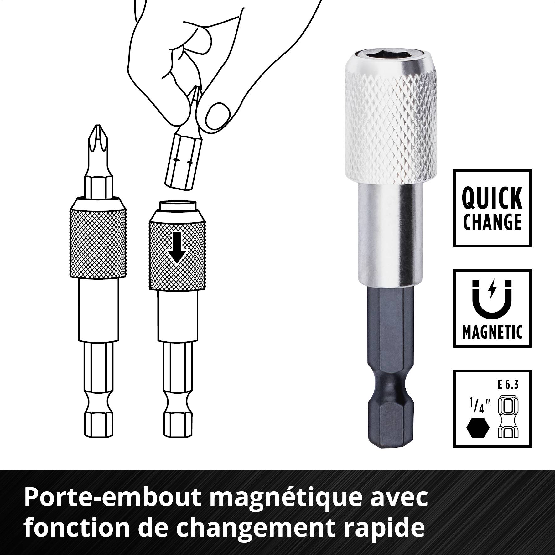Porte-embout magnétique à changement rapide. Les graphiques illustrent l'insertion et le retrait des embouts, avec les caractéristiques mises en évidence : « Changement rapide », « Magnétique », « 1/4