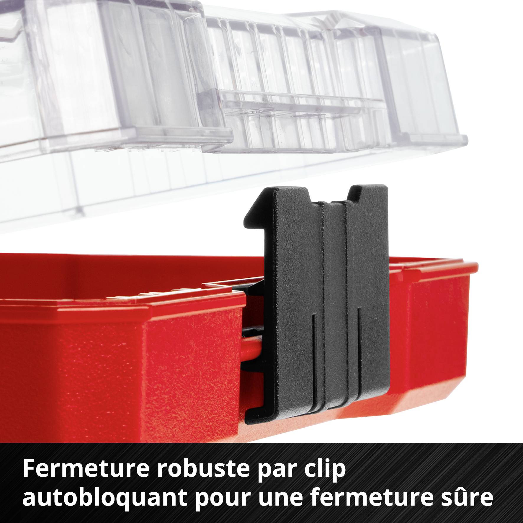 Un conteneur rouge avec un couvercle transparent. Un fermoir noir à verrouillage automatique assure une fermeture sécurisée.