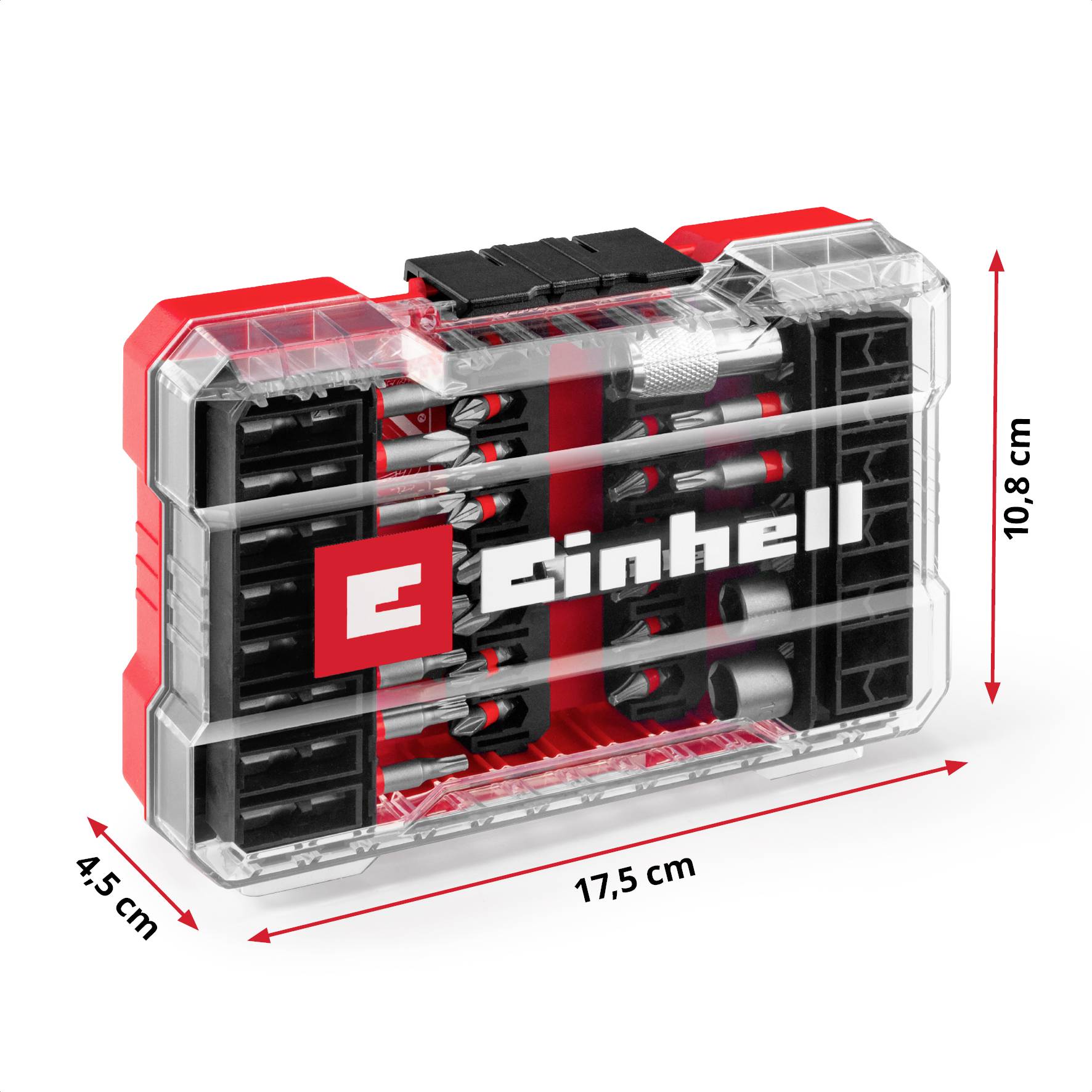 Un étui transparent avec des détails rouges contient plusieurs outils. Il mesure 17,5 cm de large, 10,8 cm de haut et 4,5 cm de profondeur.