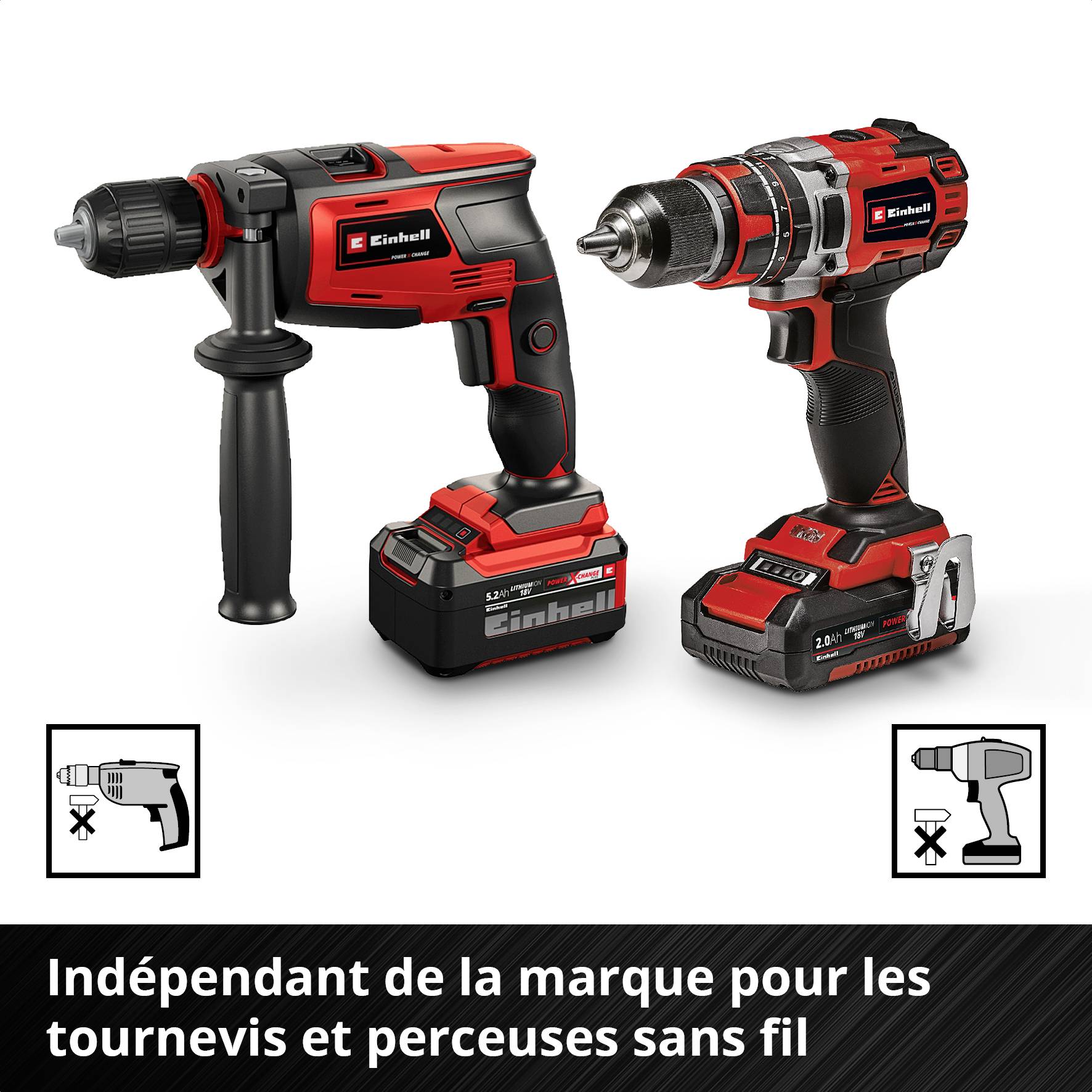 Deux perceuses sans fil rouges avec poignées et batteries. Texte en bas : 'Compatible avec les marques de visseuses et perceuses courantes'.
